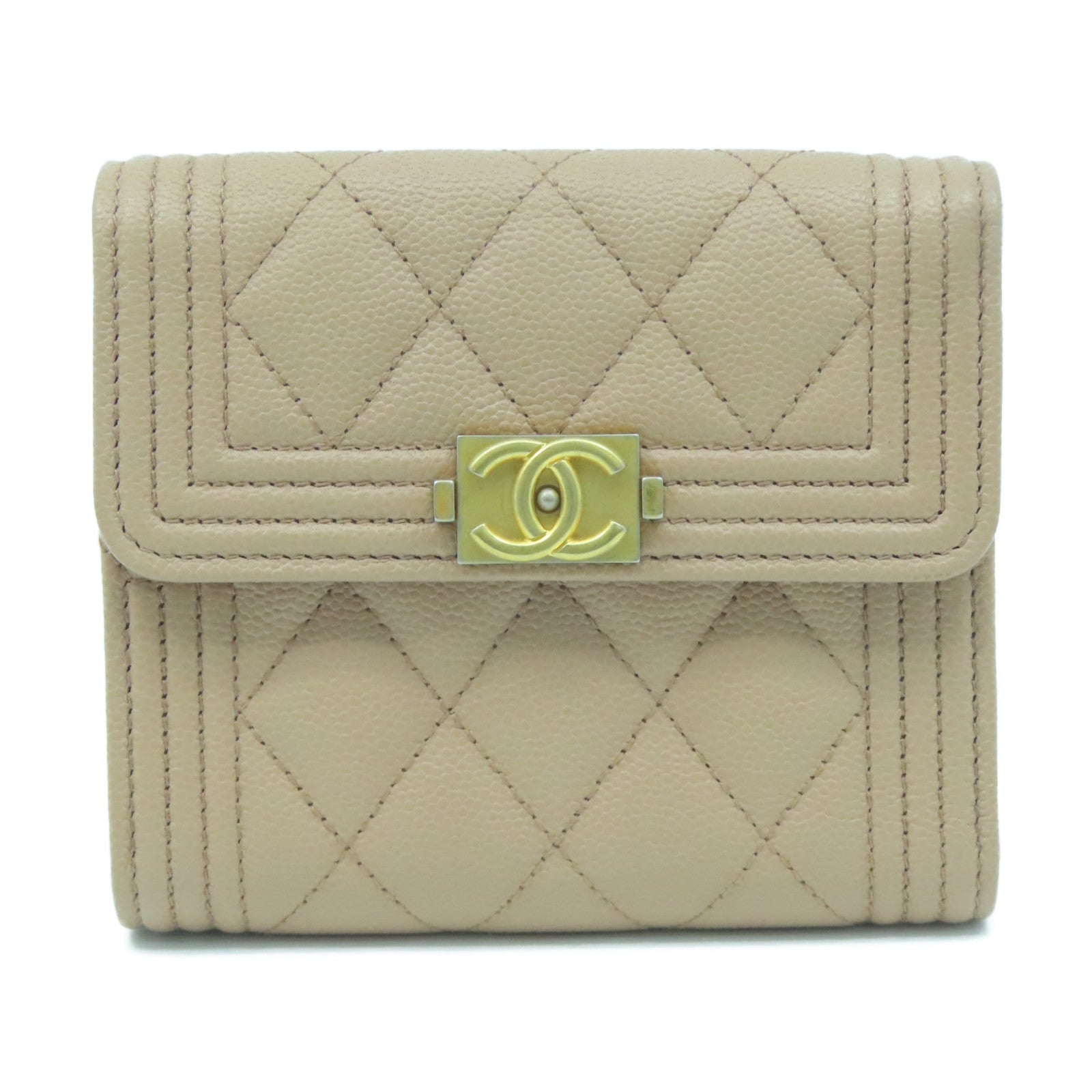 CHANEL Diamond Caviar Leather Wallet Gold Buckle Wallet Beige