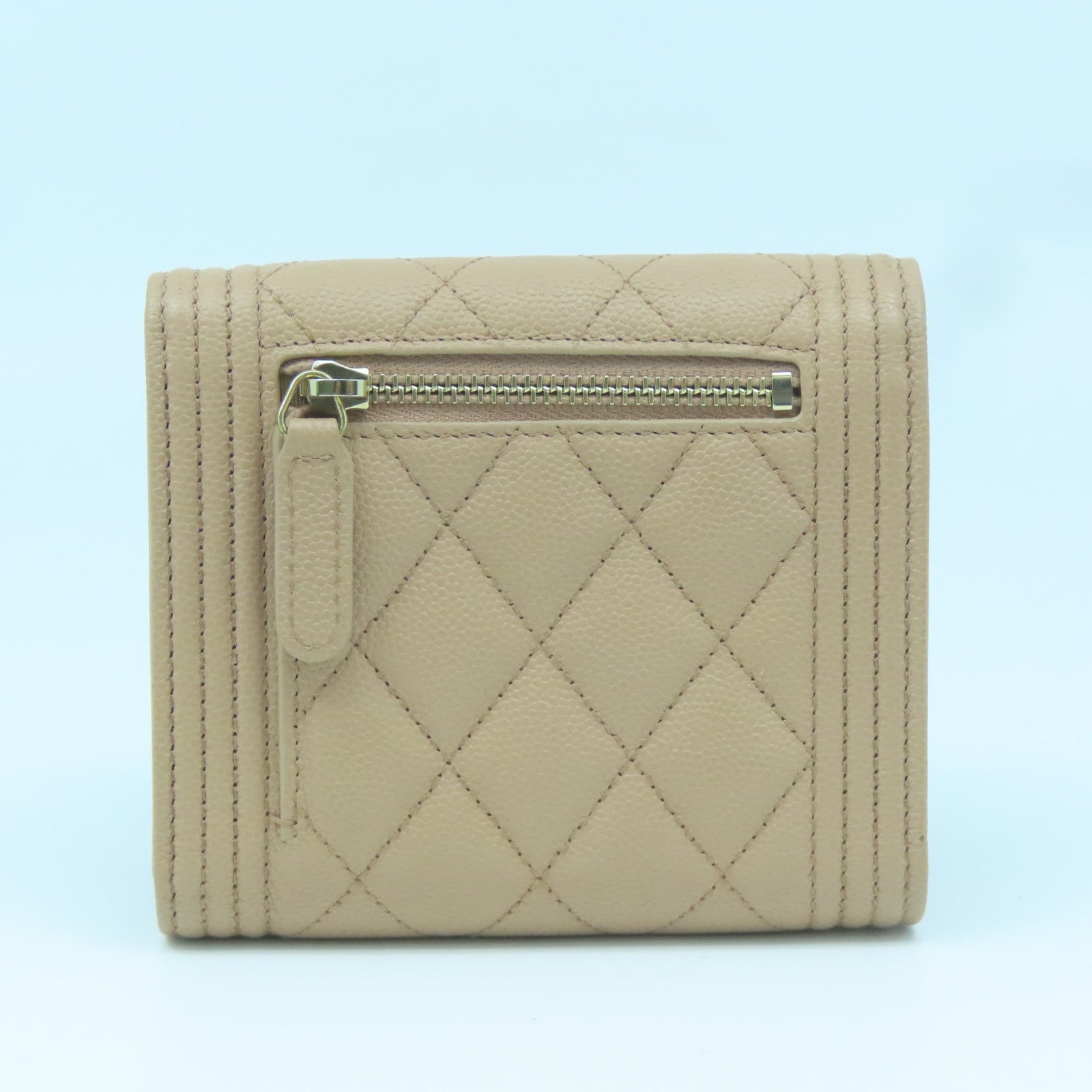 CHANEL Diamond Caviar Leather Wallet Gold Buckle Wallet Beige