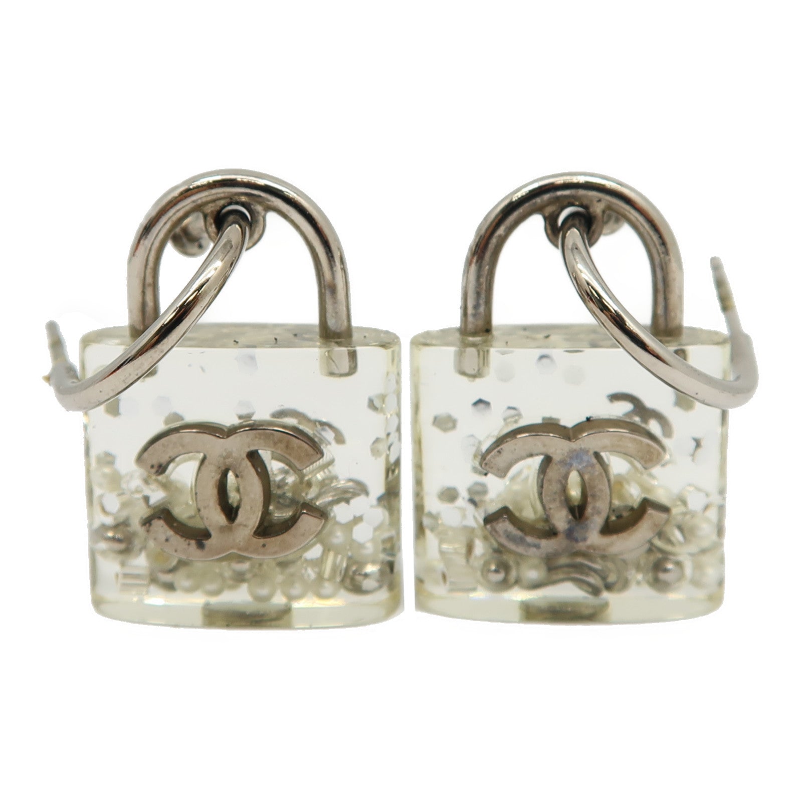 CHANEL 樹脂Padlock Drop Earrings耳環透明/銀色