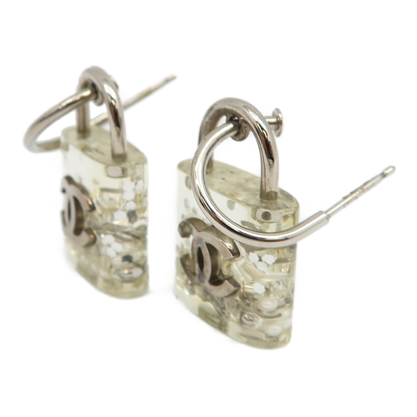 CHANEL 樹脂Padlock Drop Earrings耳環透明/銀色