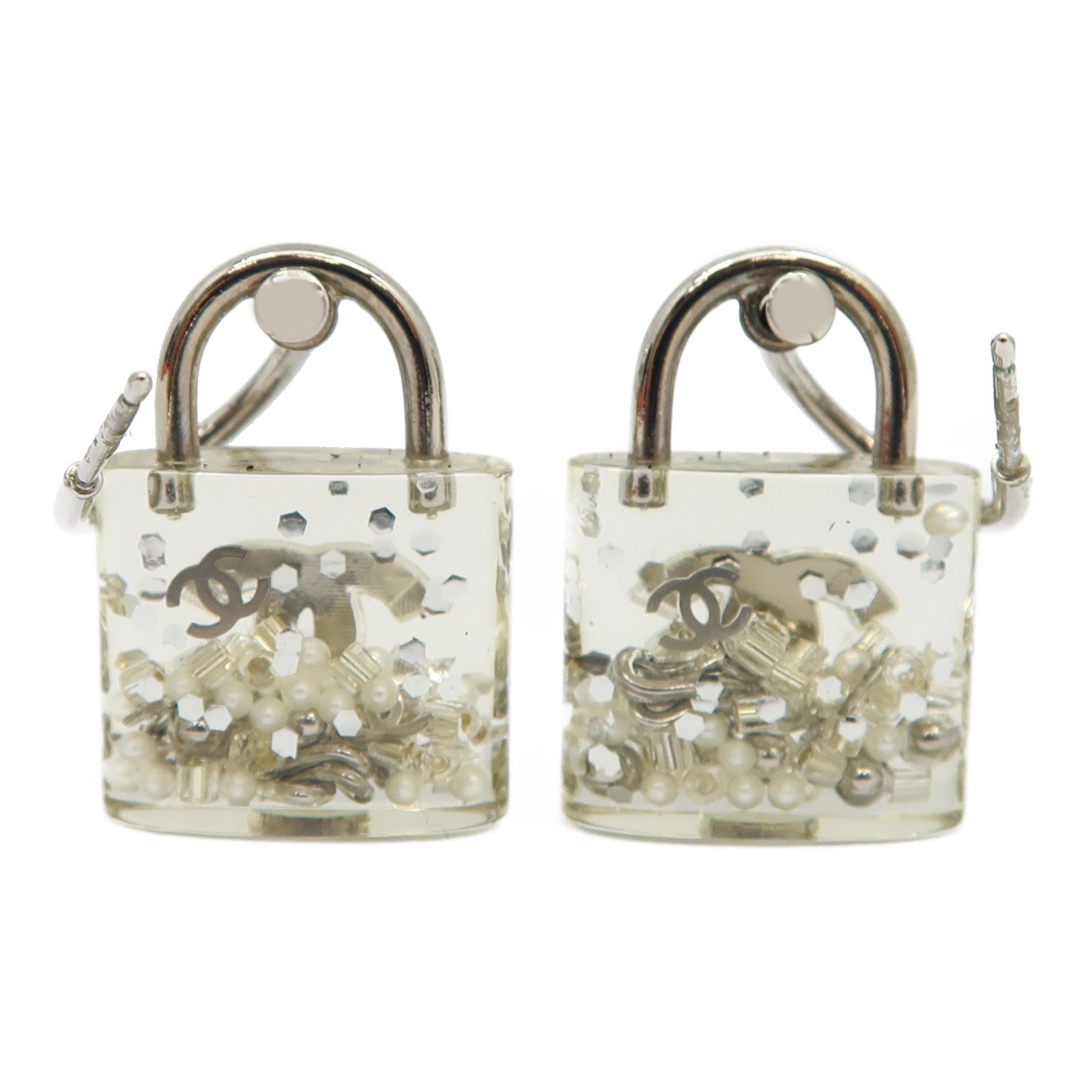 CHANEL 樹脂Padlock Drop Earrings耳環透明/銀色
