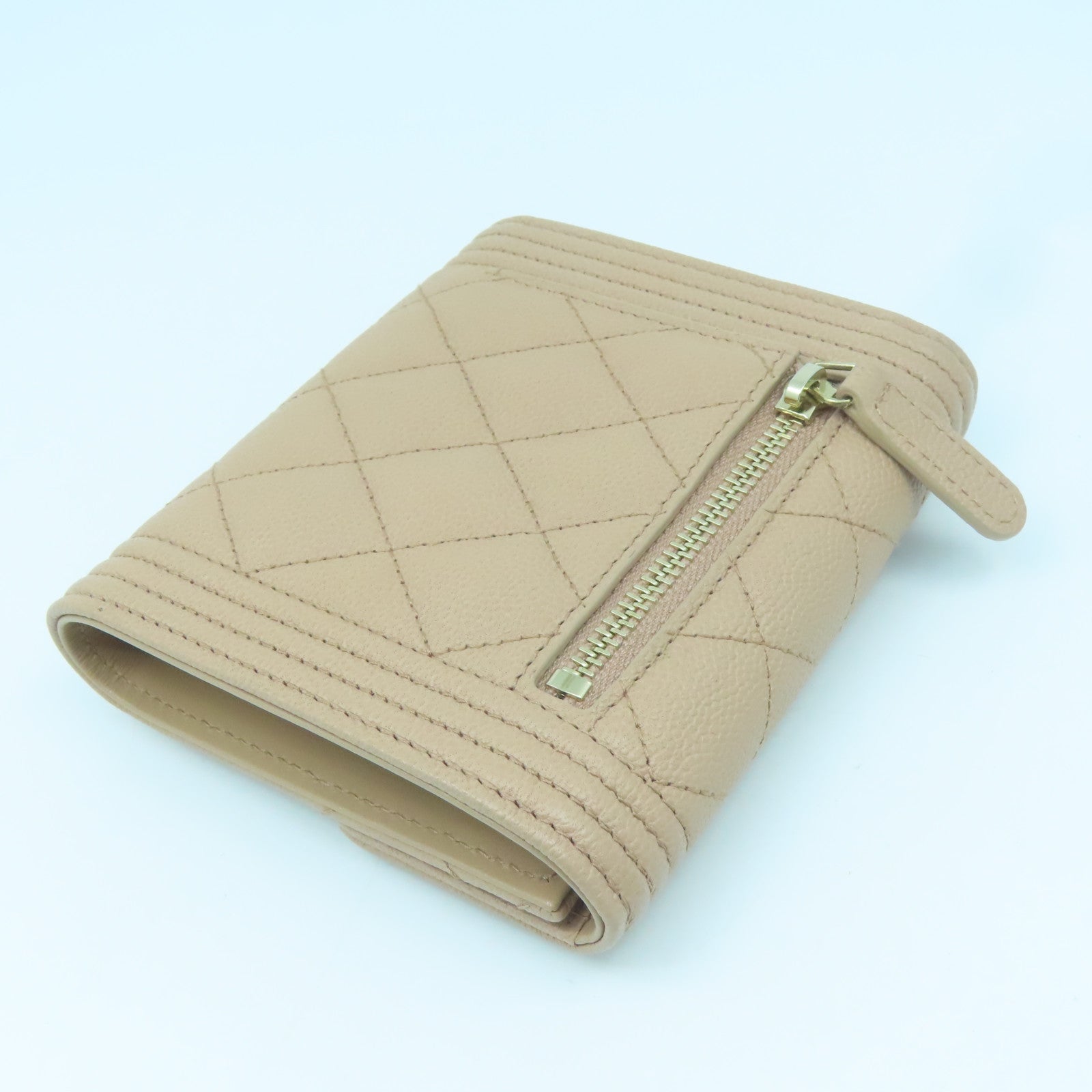 CHANEL Diamond Caviar Leather Wallet Gold Buckle Wallet Beige