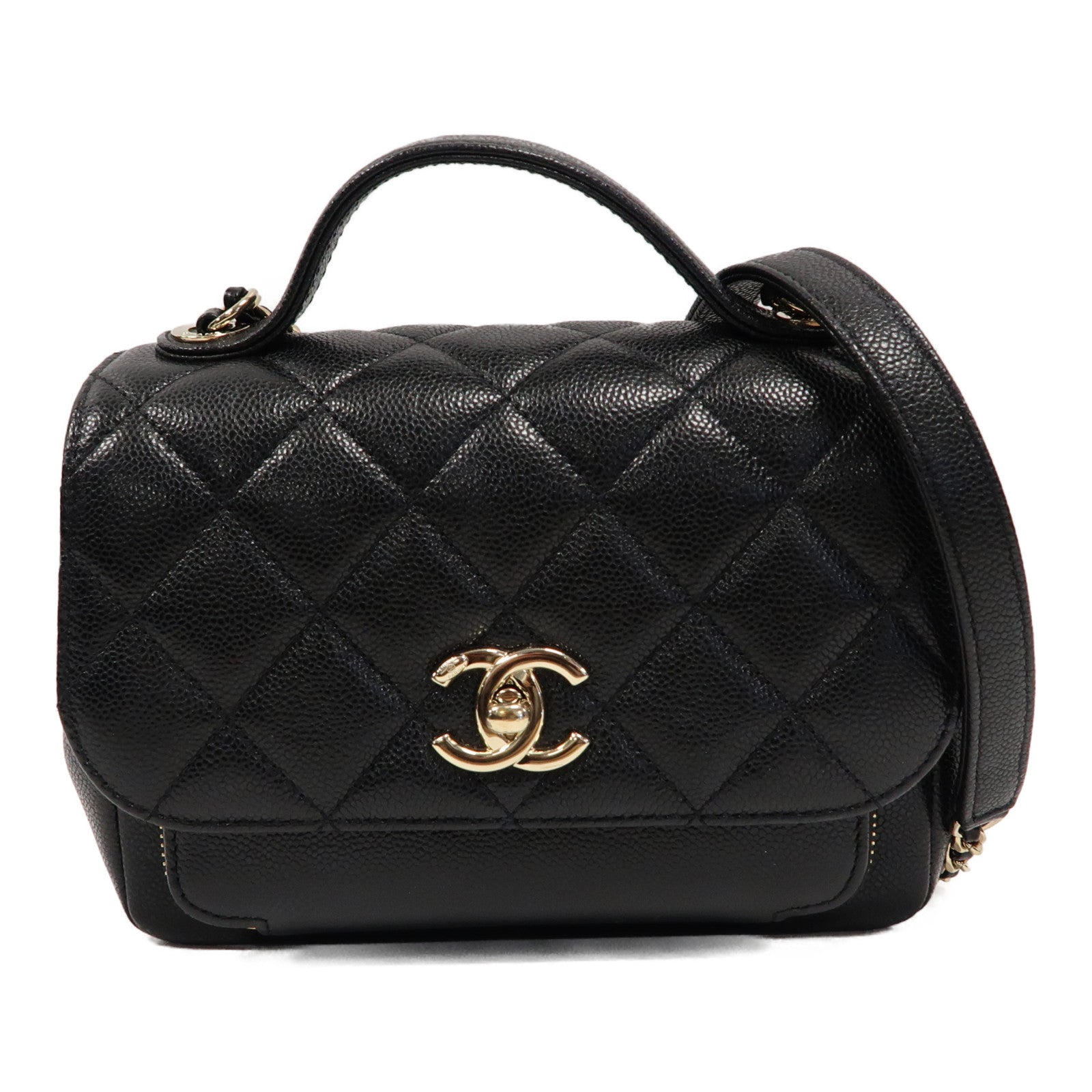 CHANEL 菱格Caviar皮革Business Affinity Bag金扣手挽肩背兩用袋黑色