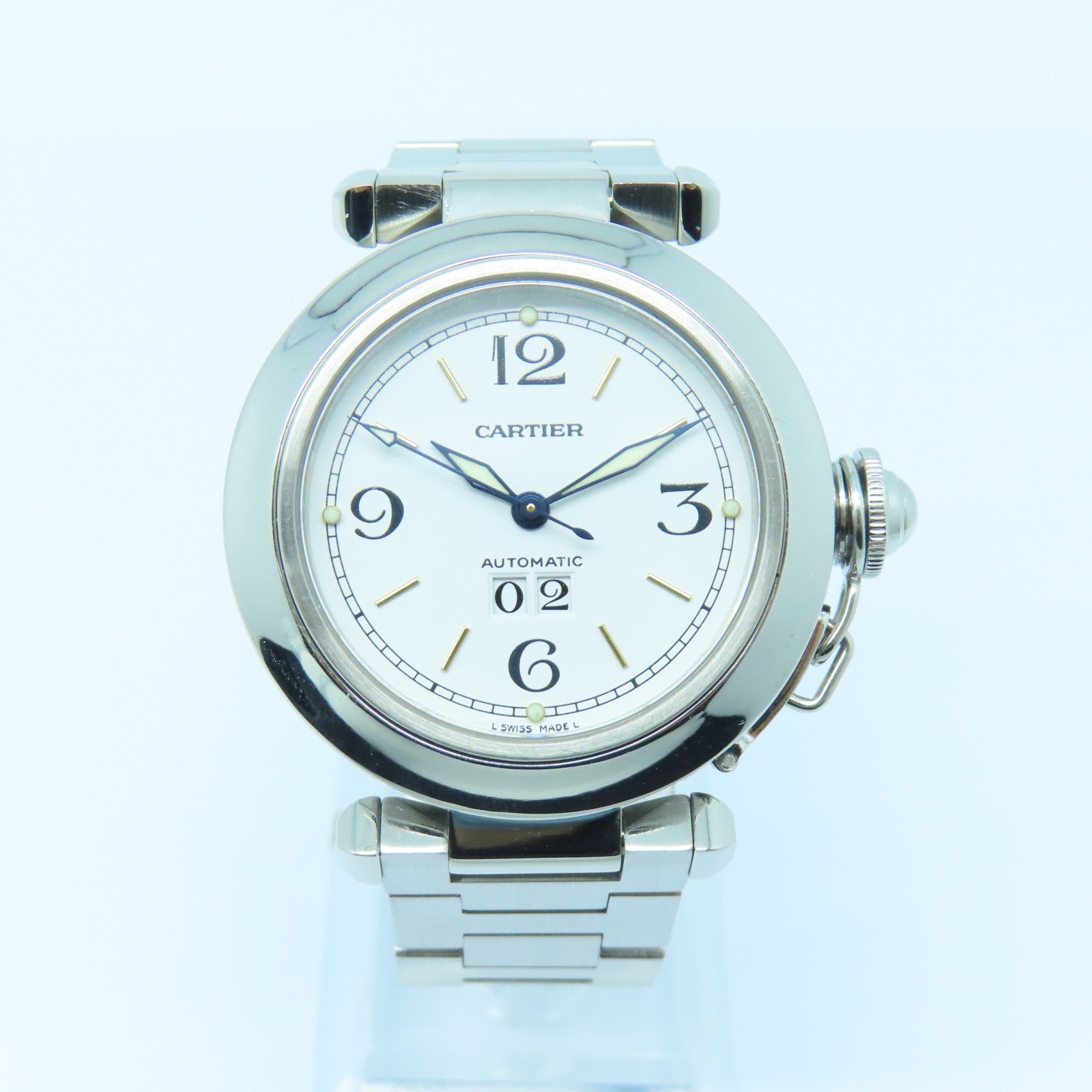 CARTIER Pasha C Big Date Stainless Steel Watch Automatic Movement White