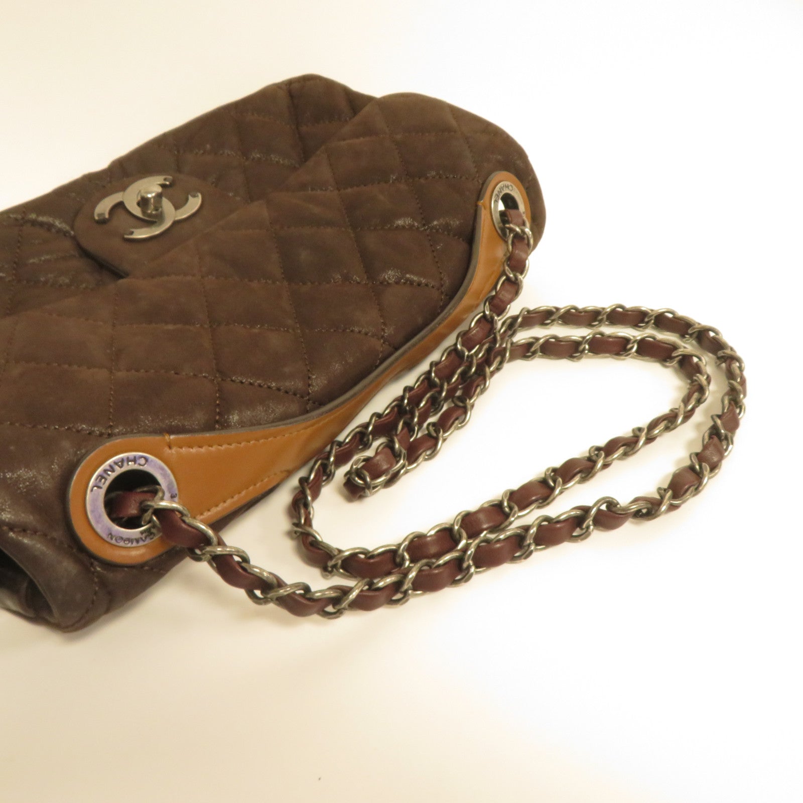 CHANEL 菱格PVC塗層皮革Chain Shoulder銀扣肩背袋啡色