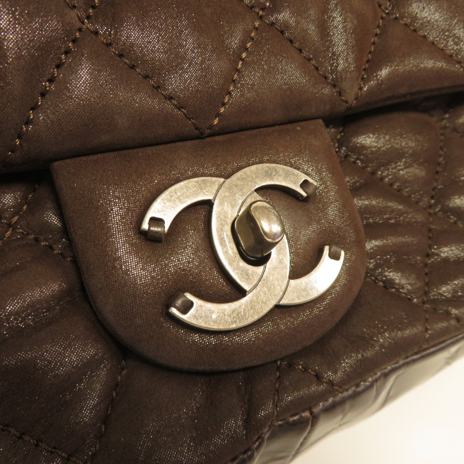 CHANEL 菱格PVC塗層皮革Chain Shoulder銀扣肩背袋啡色