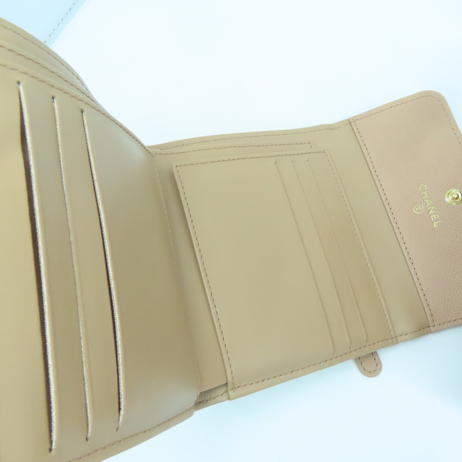 CHANEL Diamond Caviar Leather Wallet Gold Buckle Wallet Beige