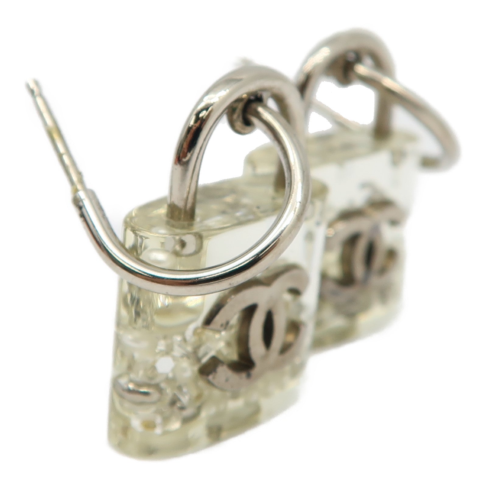 CHANEL 樹脂Padlock Drop Earrings耳環透明/銀色