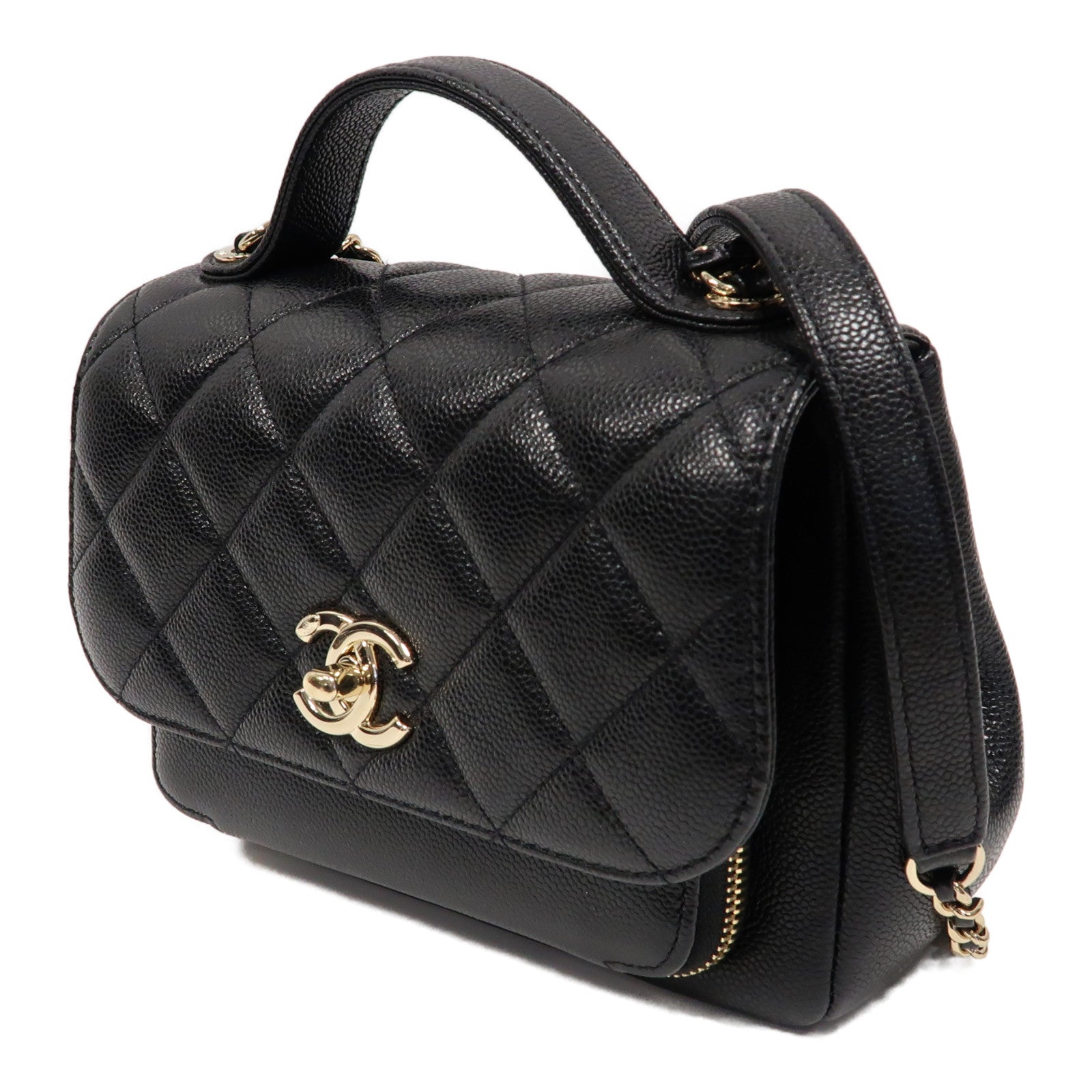 CHANEL 菱格Caviar皮革Business Affinity Bag金扣手挽肩背兩用袋黑色