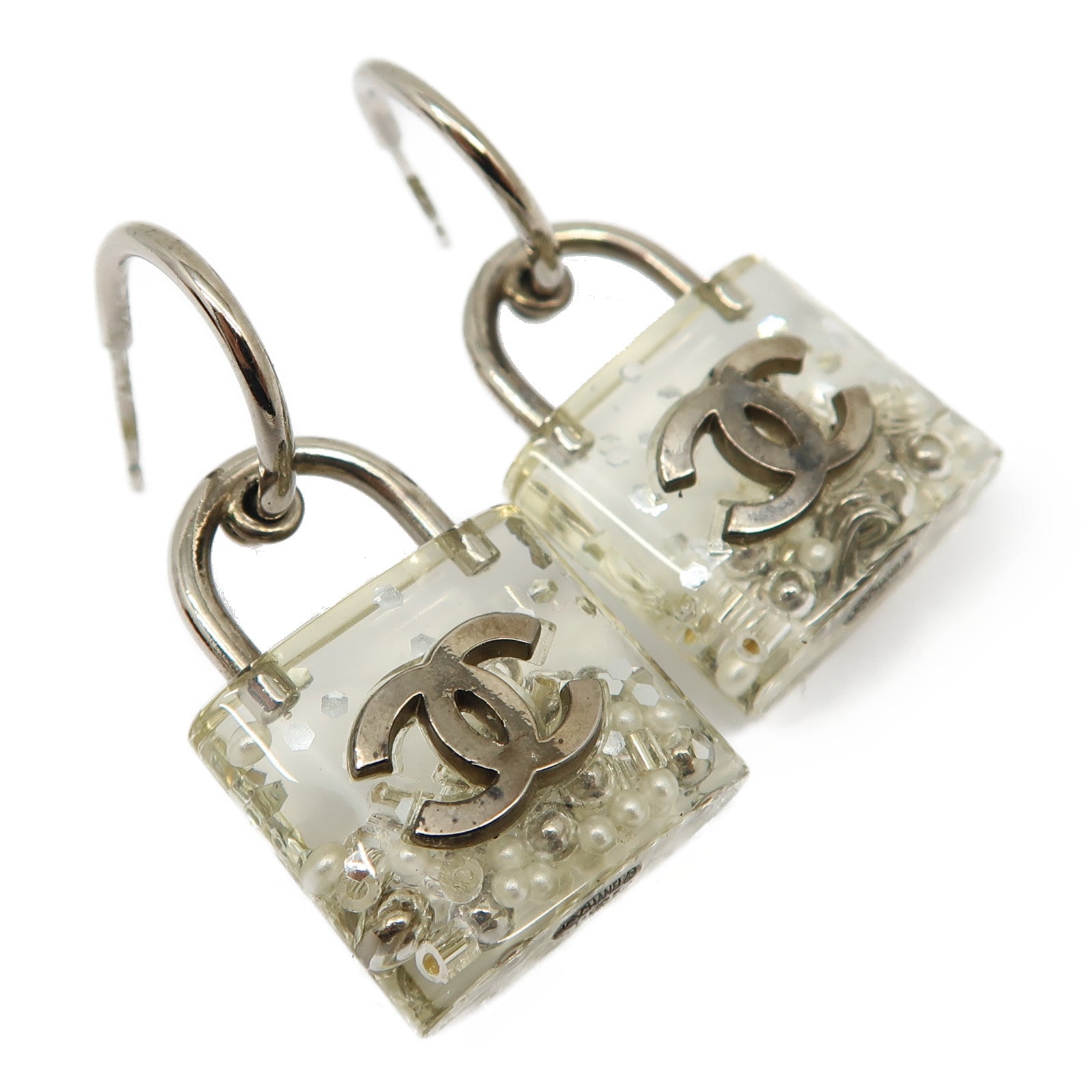 CHANEL 樹脂Padlock Drop Earrings耳環透明/銀色
