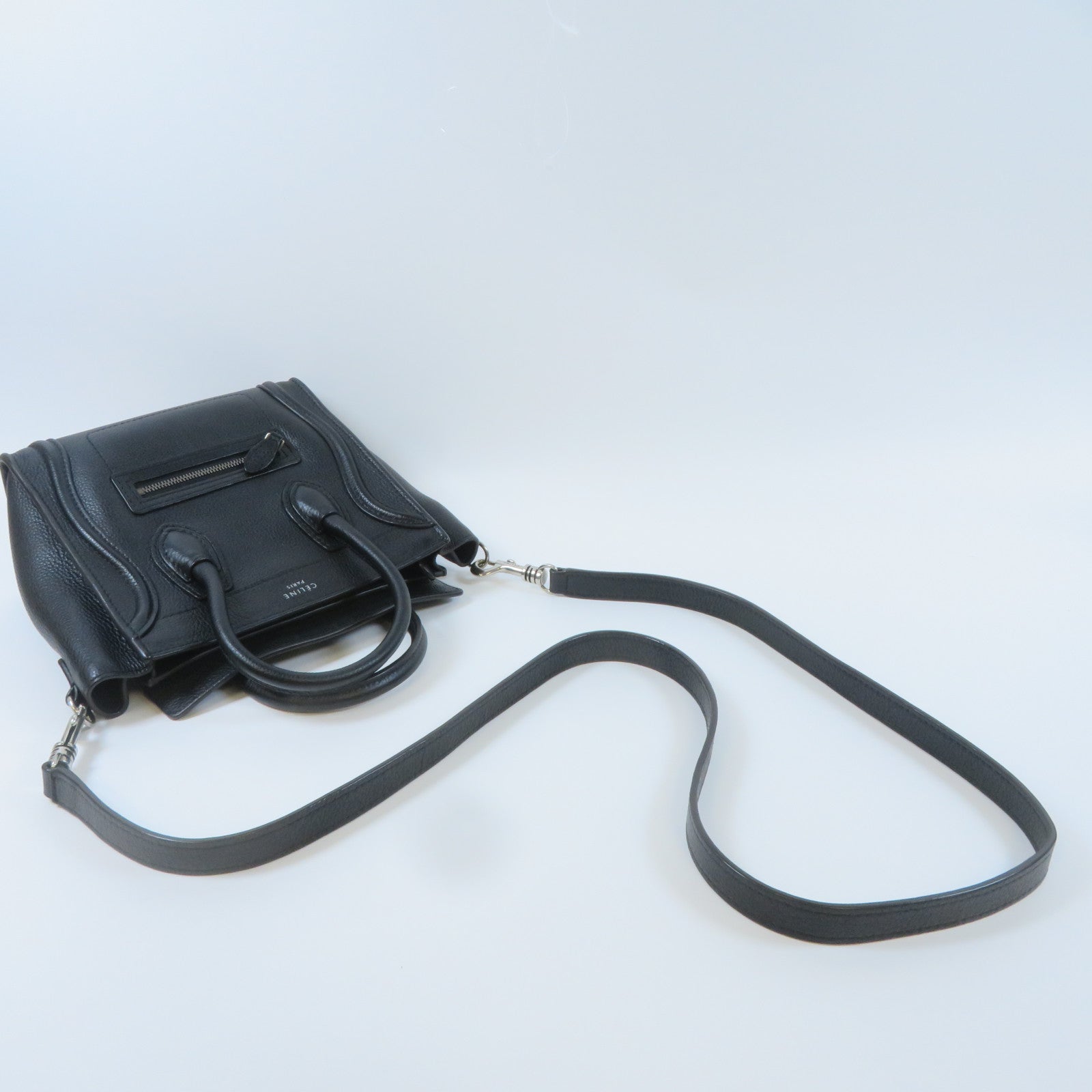 CELINE 牛皮皮革Nano Luggage銀扣手挽肩背兩用袋黑色