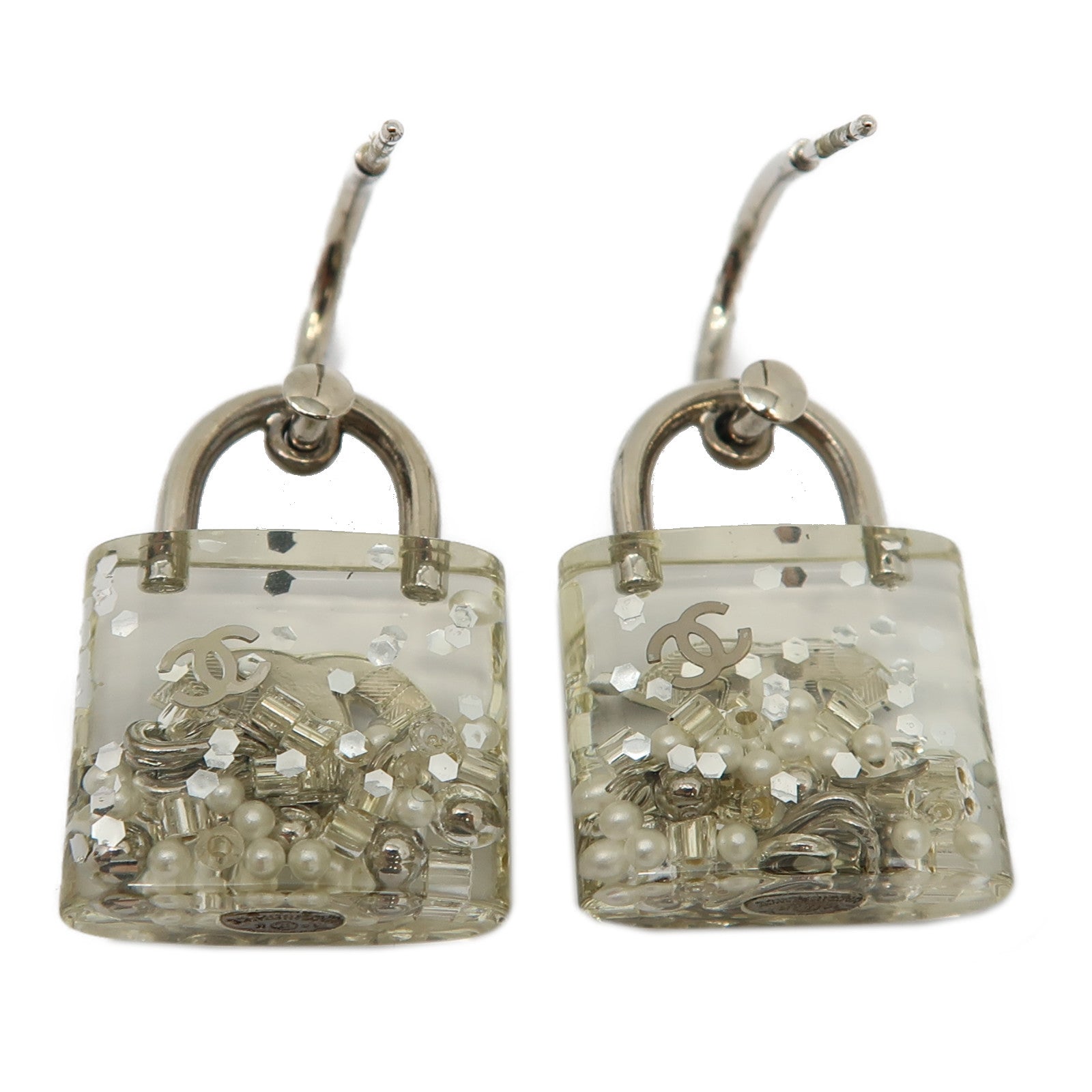 CHANEL 樹脂Padlock Drop Earrings耳環透明/銀色