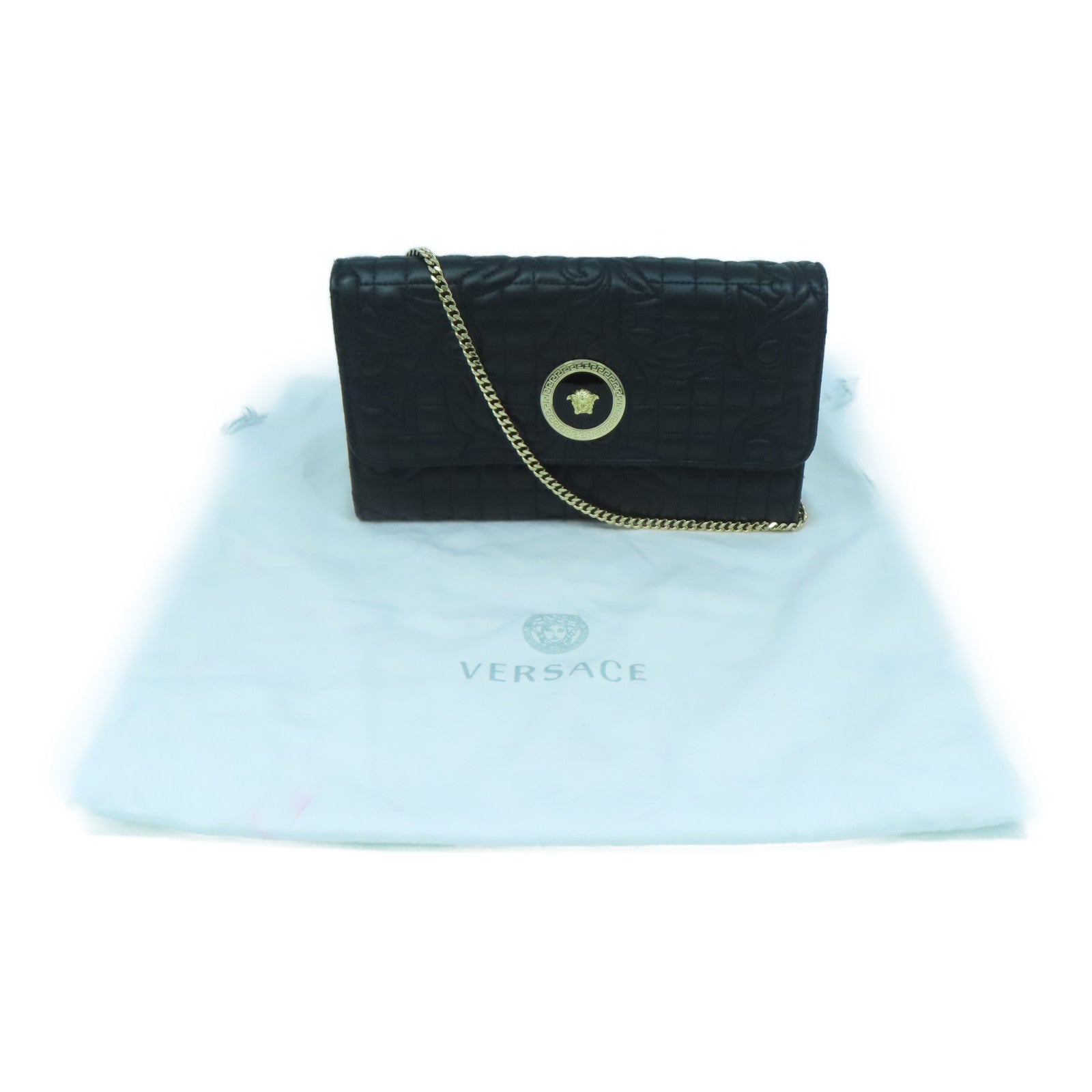 VERSACE 牛皮皮革Wallet On Chain金扣鏈帶肩背袋黑色