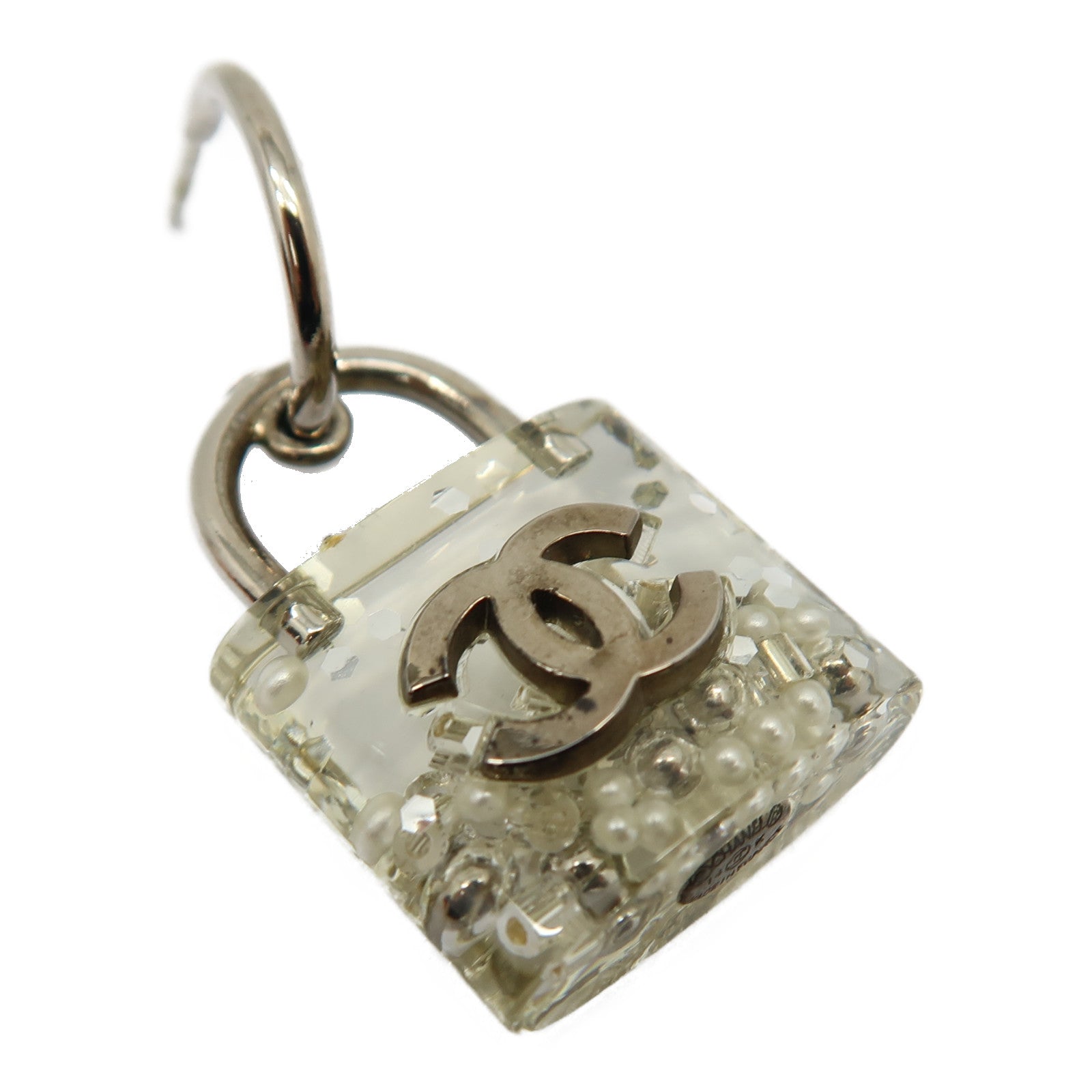 CHANEL 樹脂Padlock Drop Earrings耳環透明/銀色