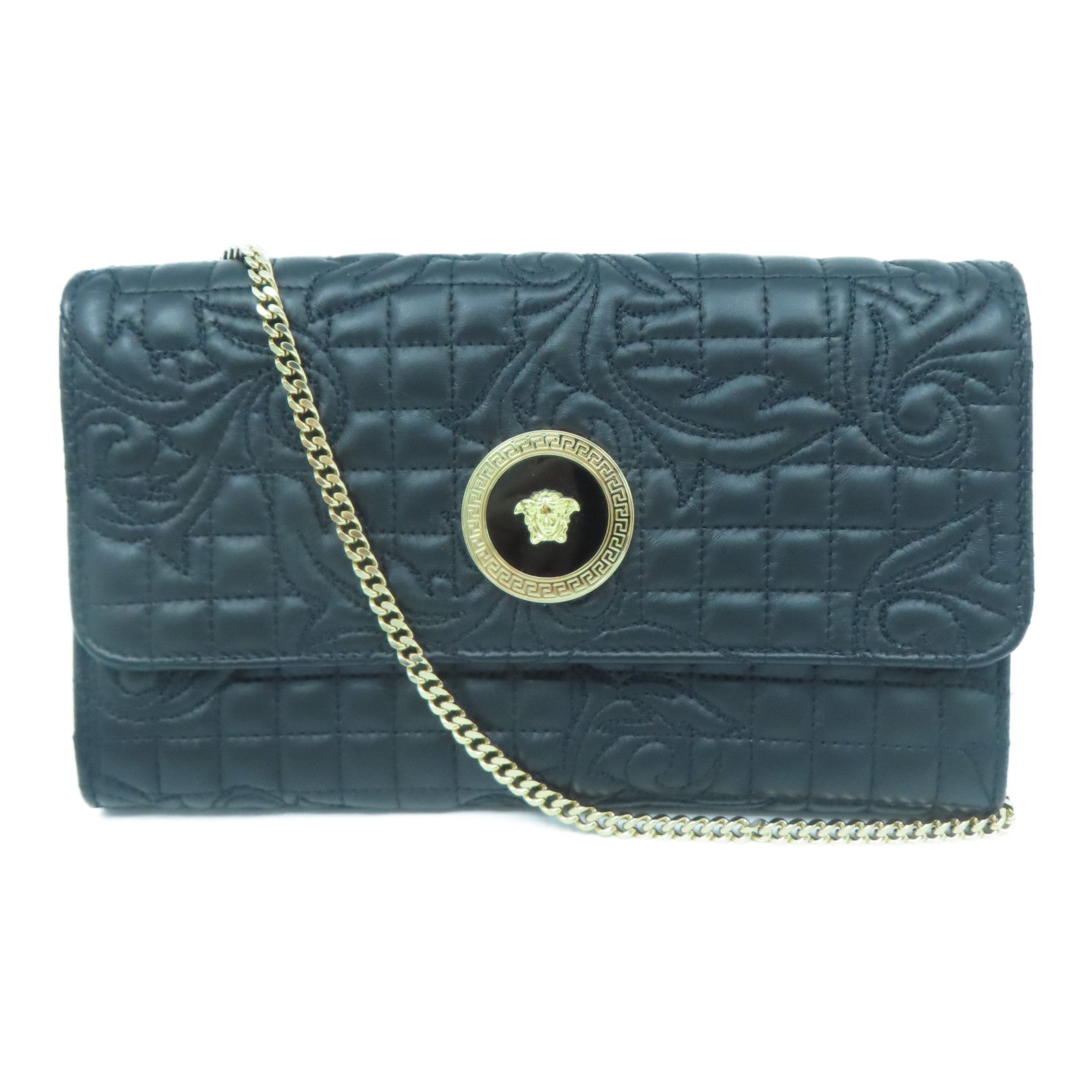 VERSACE 牛皮皮革Wallet On Chain金扣鏈帶肩背袋黑色