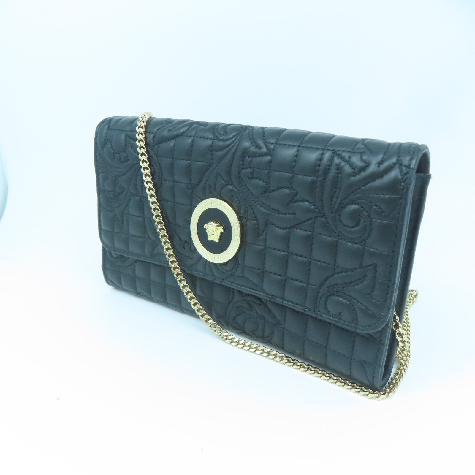 VERSACE 牛皮皮革Wallet On Chain金扣鏈帶肩背袋黑色