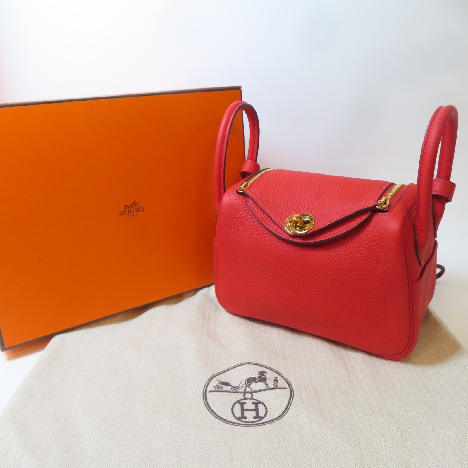 HERMES Clemence皮革Mini Lindy金扣手挽肩背兩用袋番茄紅色