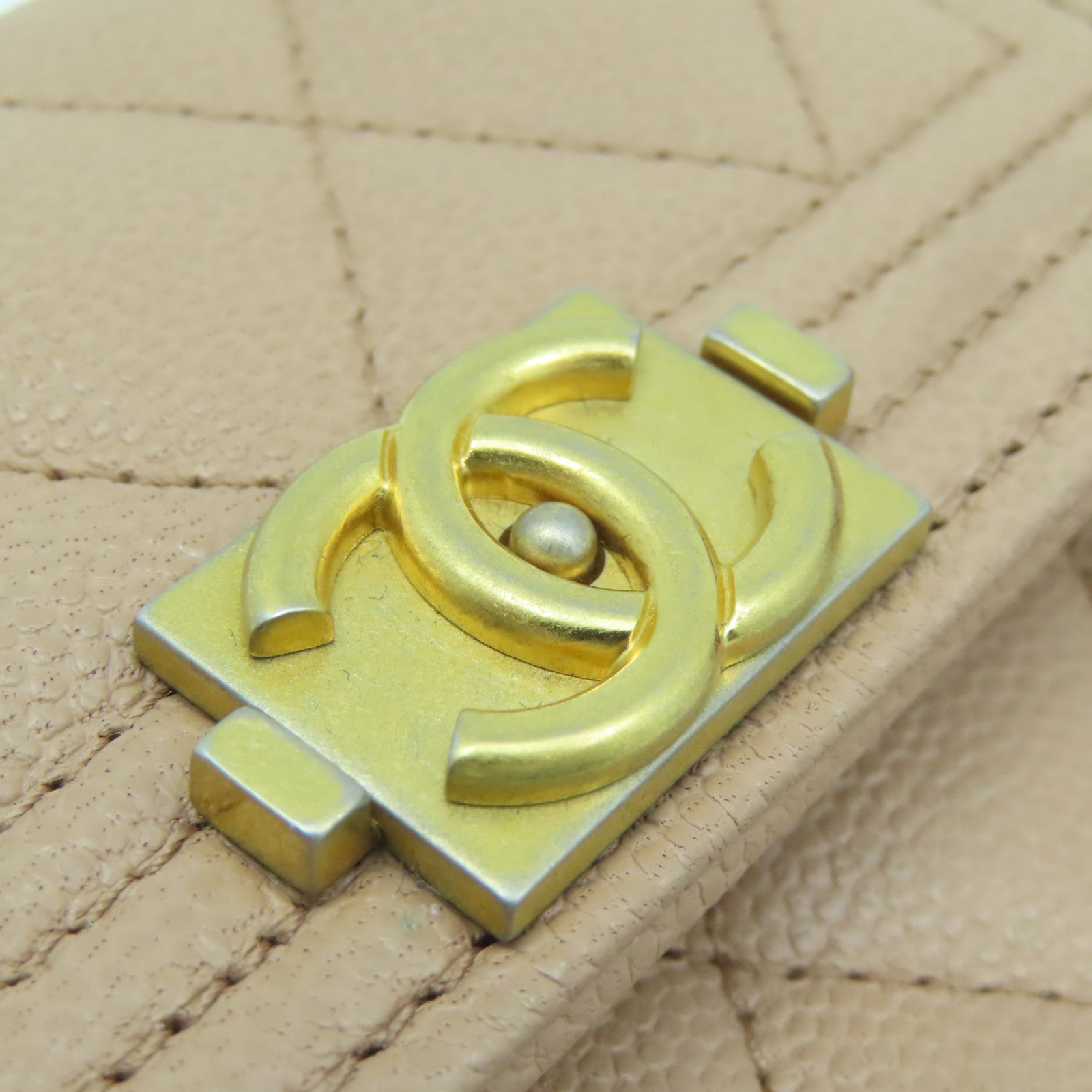 CHANEL Diamond Caviar Leather Wallet Gold Buckle Wallet Beige