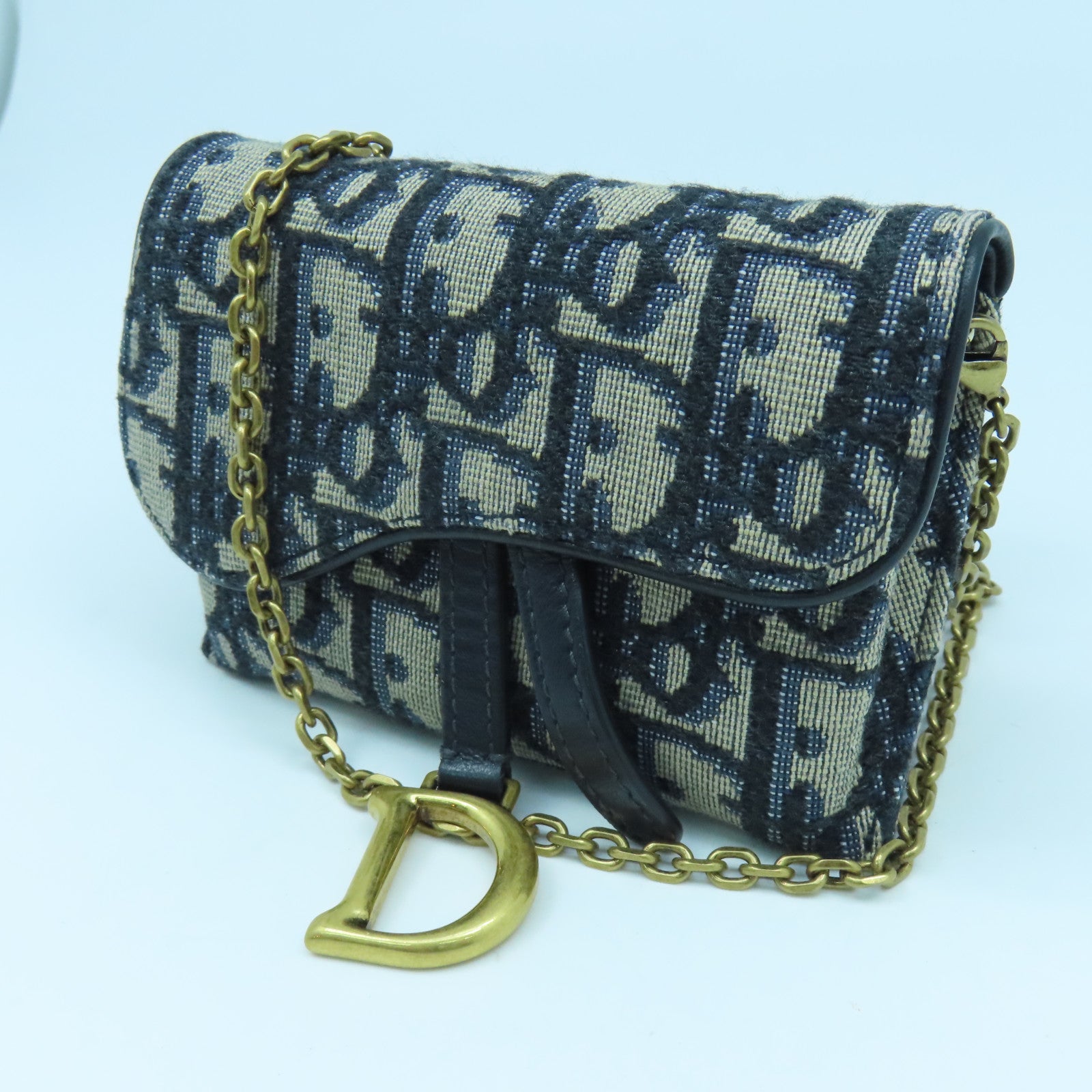 Dior 【激減優惠】帆布Card Case With Chain金扣鏈帶肩背袋藍色
