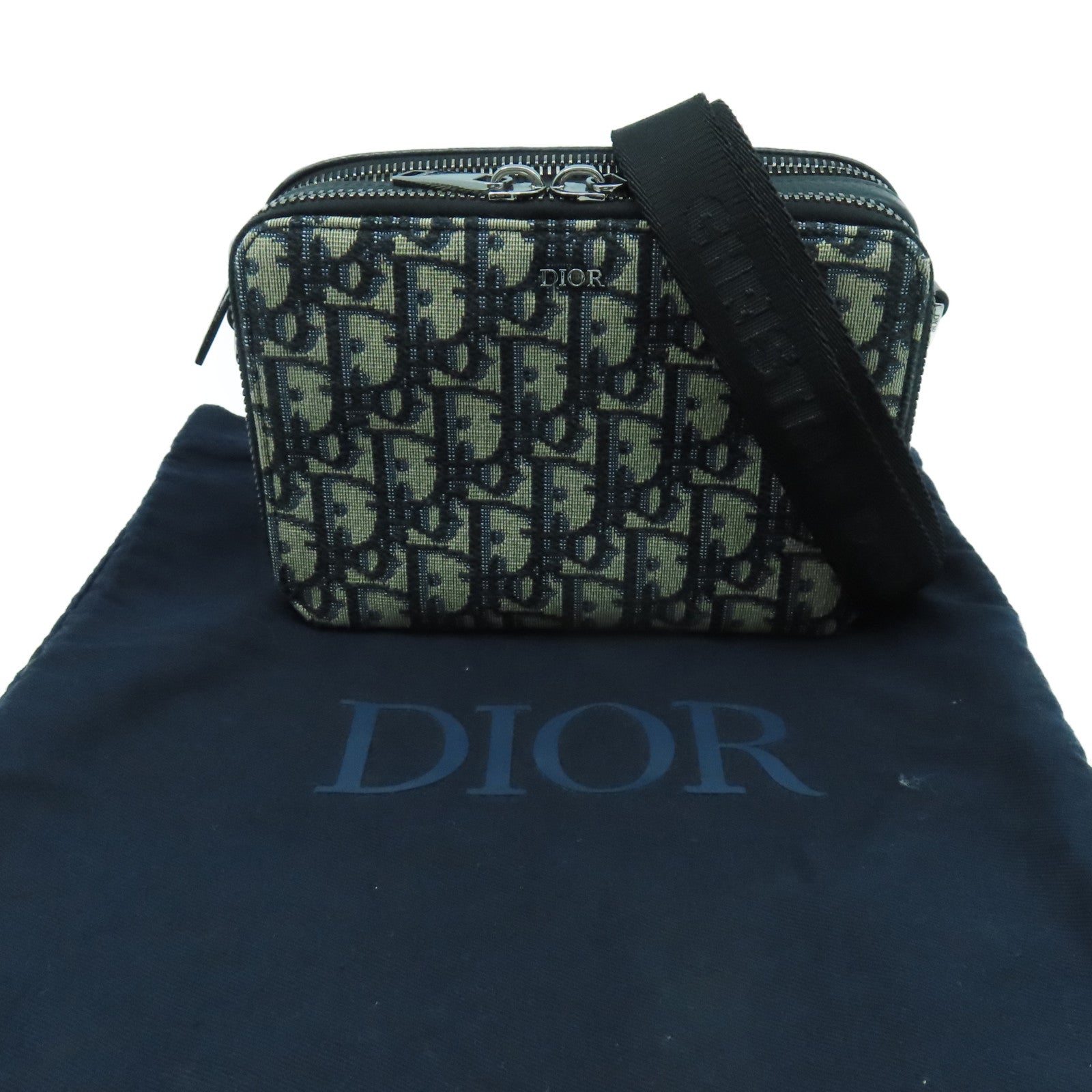 Dior 帆布Pouch With Strap銀扣肩背袋藍色