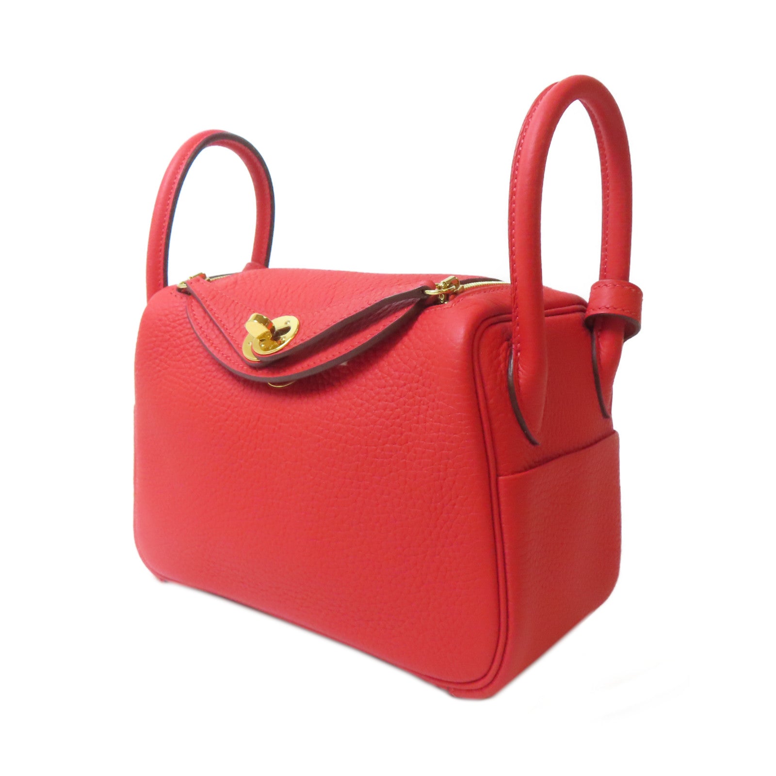 HERMES Clemence皮革Mini Lindy金扣手挽肩背兩用袋番茄紅色