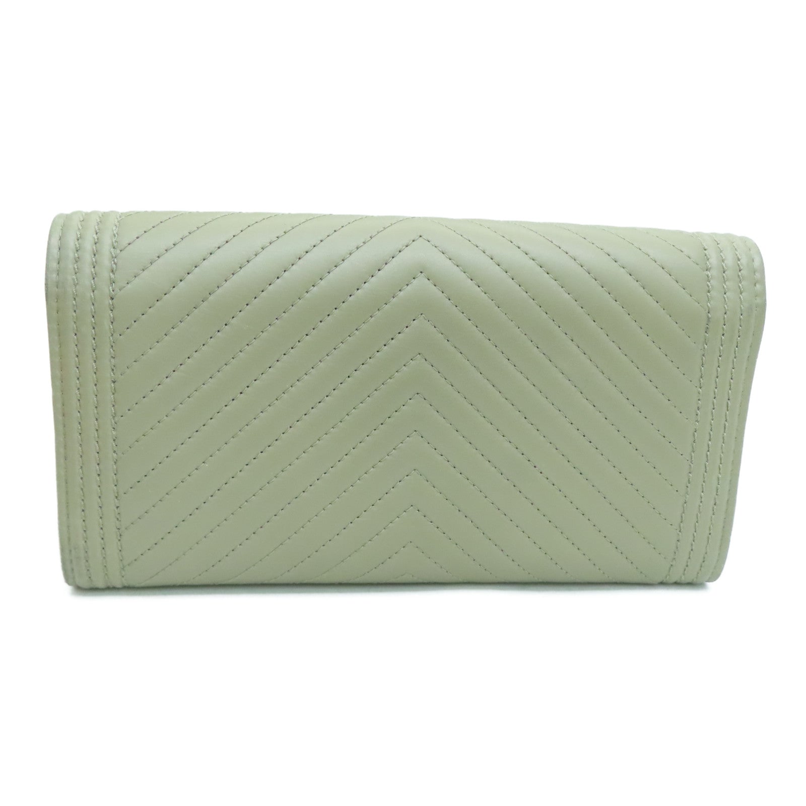 CHANEL 牛皮皮革Boy Long Wallet銀扣長錢包卡其色