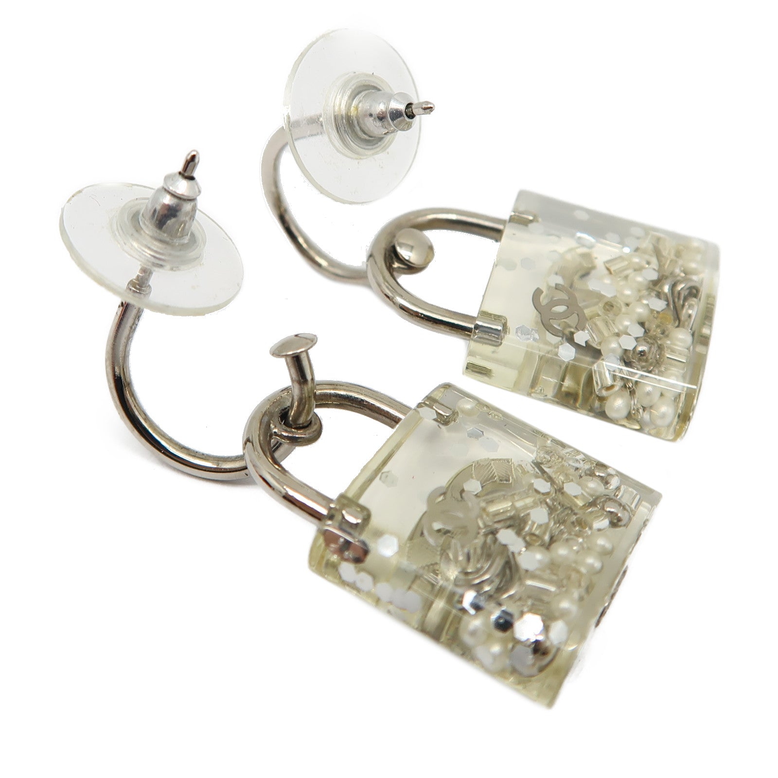 CHANEL 樹脂Padlock Drop Earrings耳環透明/銀色