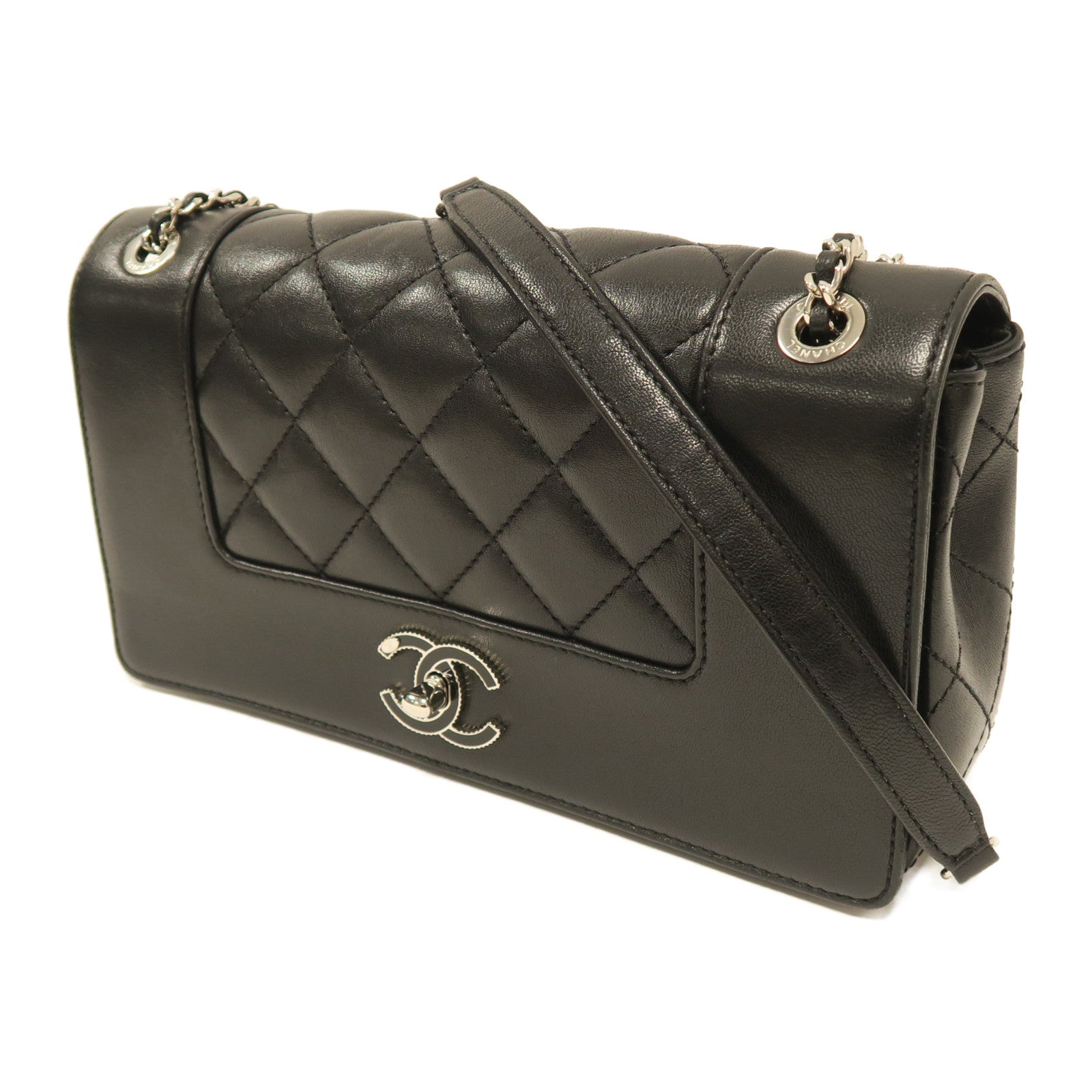 CHANEL 菱格牛皮皮革Chain Shoulder銀扣鏈帶肩背袋黑色