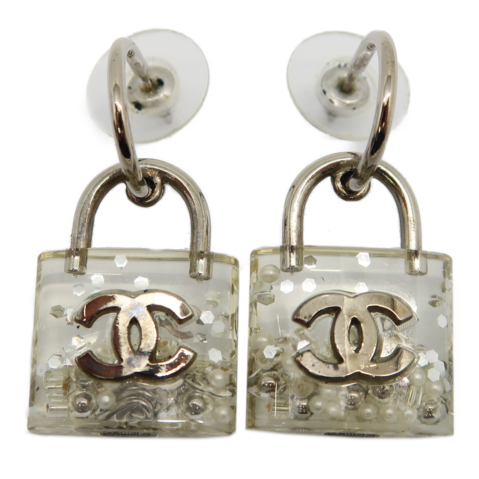 CHANEL 樹脂Padlock Drop Earrings耳環透明/銀色