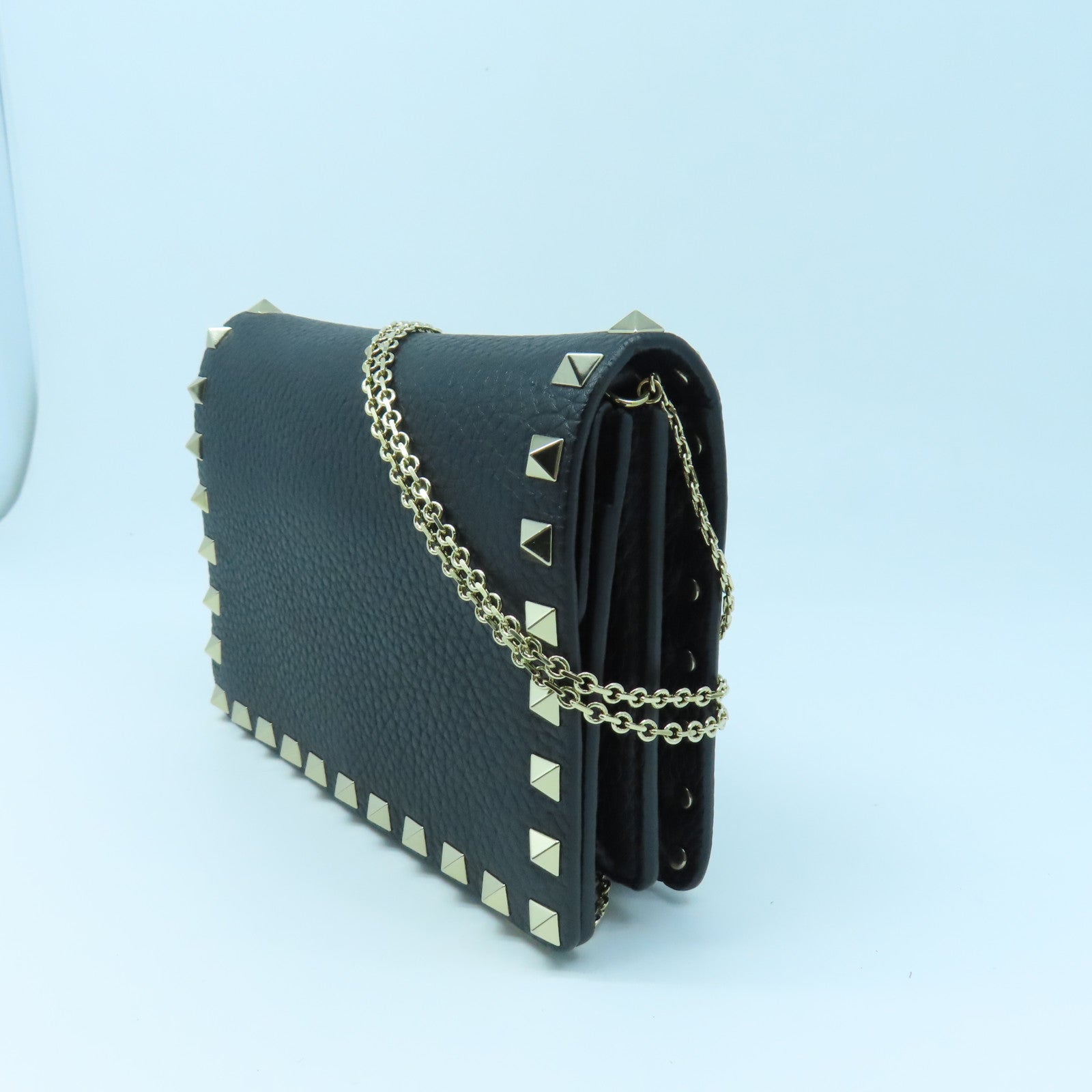 Valentino Leather Chain Shoulder Gold Buckle Chain Shoulder Bag Black