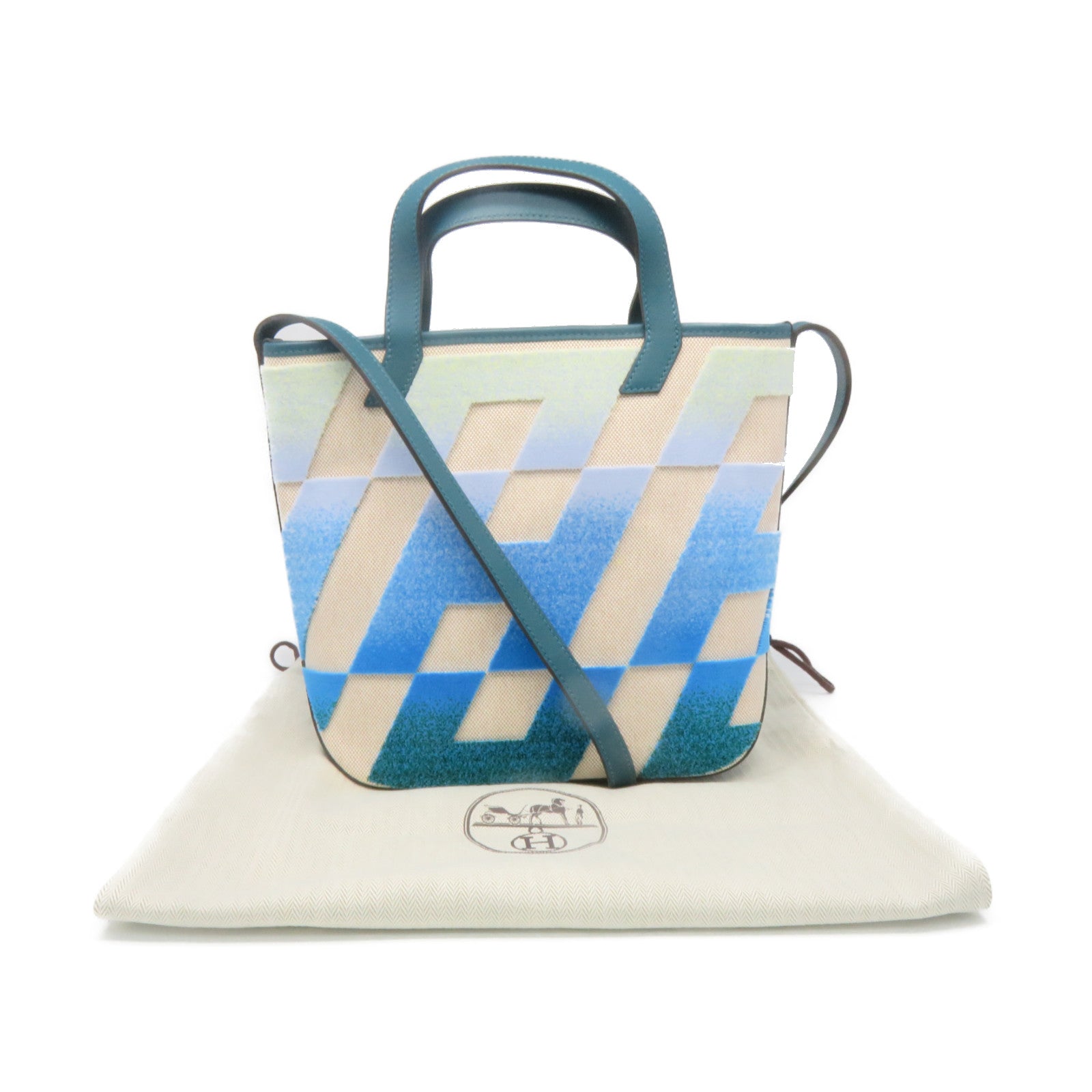 HERMES Swift皮革/Toile H帆布Cabas H En Biais 27 2Way Shoulder Bag手挽肩背兩用袋藍色/Ecru杏色
