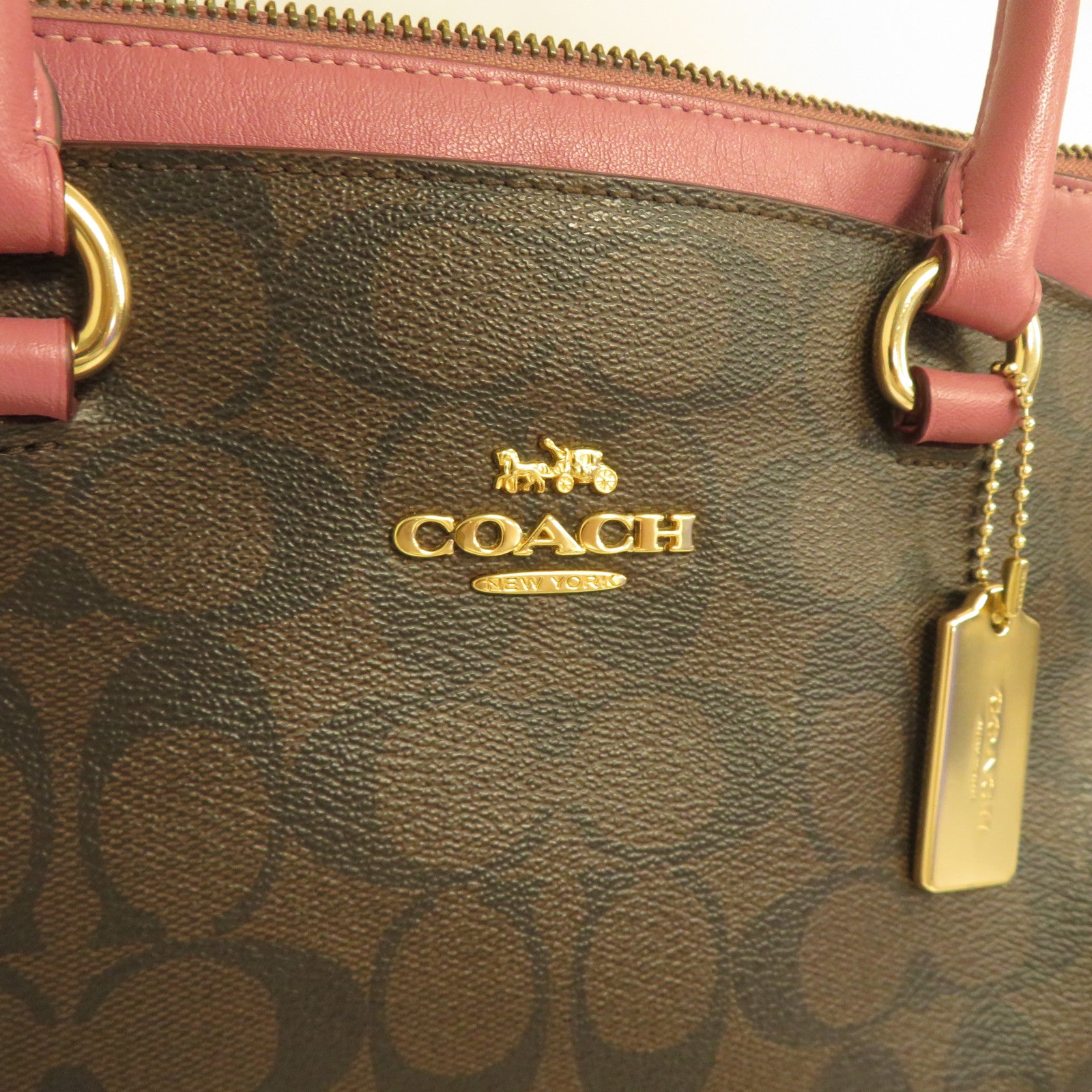 COACH 塗層帆布/牛皮皮革2 Way Shoulder金扣手挽肩背兩用袋紫色/啡色