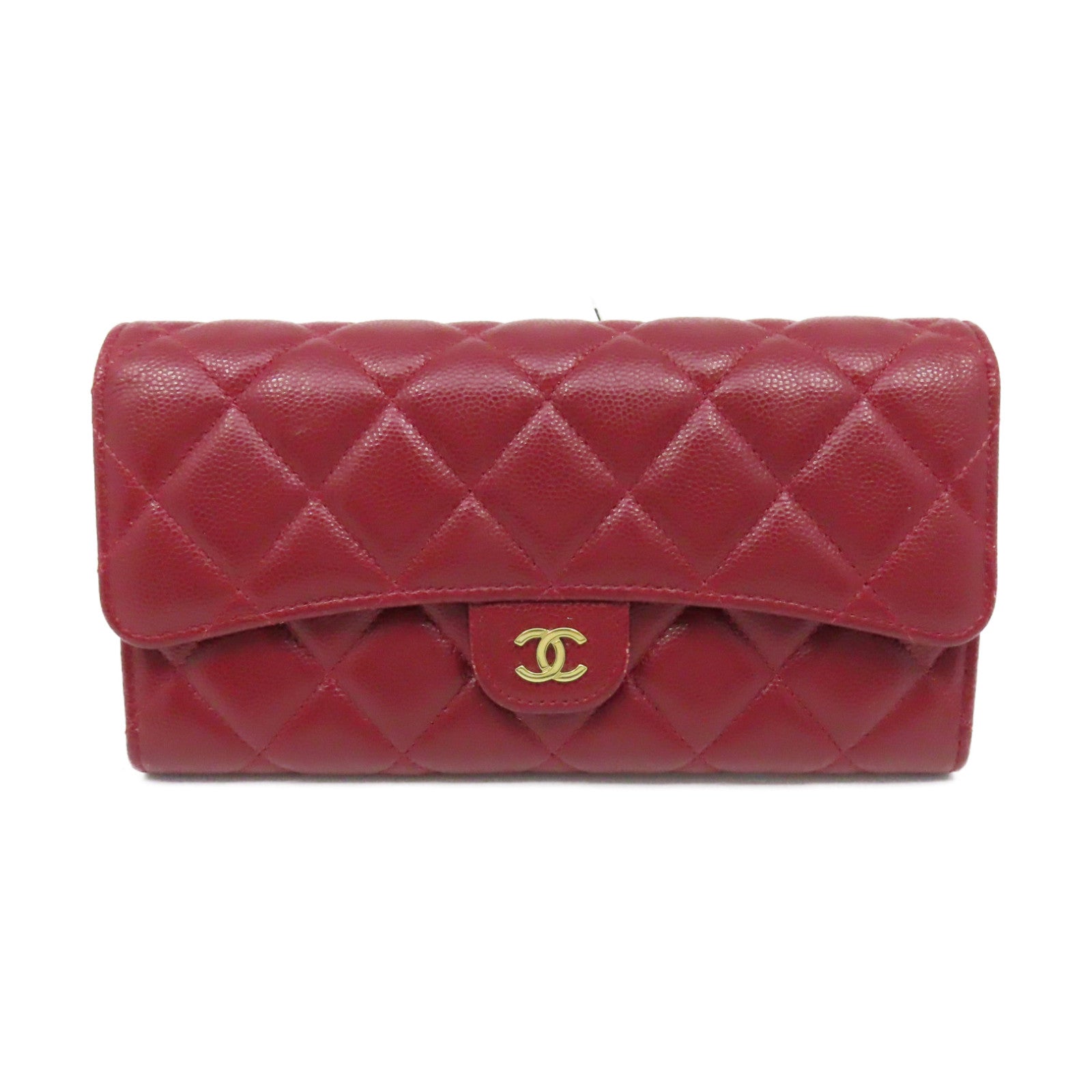 CHANEL 【激減優惠】菱格Caviar皮革Fold Wallet金扣長錢包酒紅色