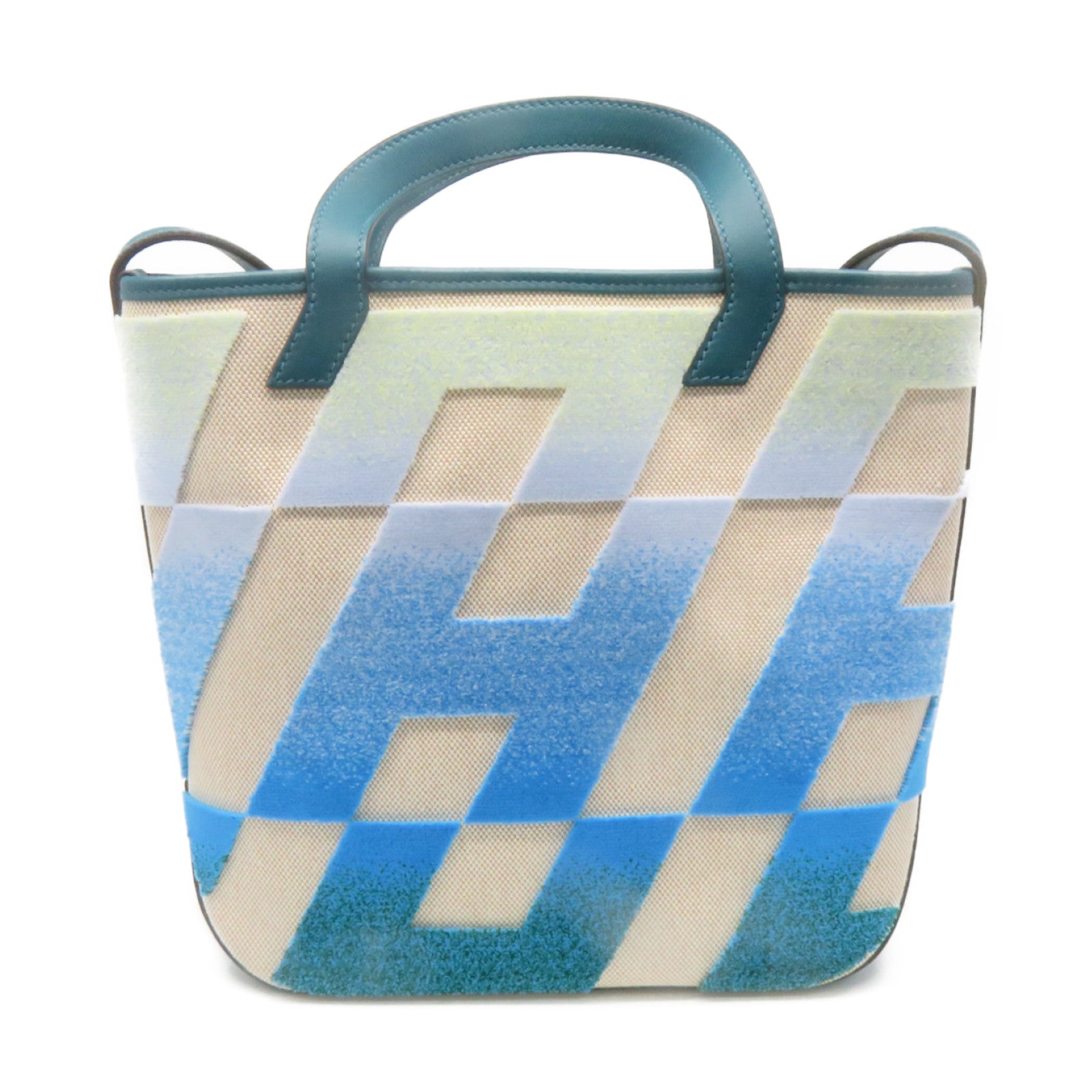HERMES Swift皮革/Toile H帆布Cabas H En Biais 27 2Way Shoulder Bag手挽肩背兩用袋藍色/Ecru杏色