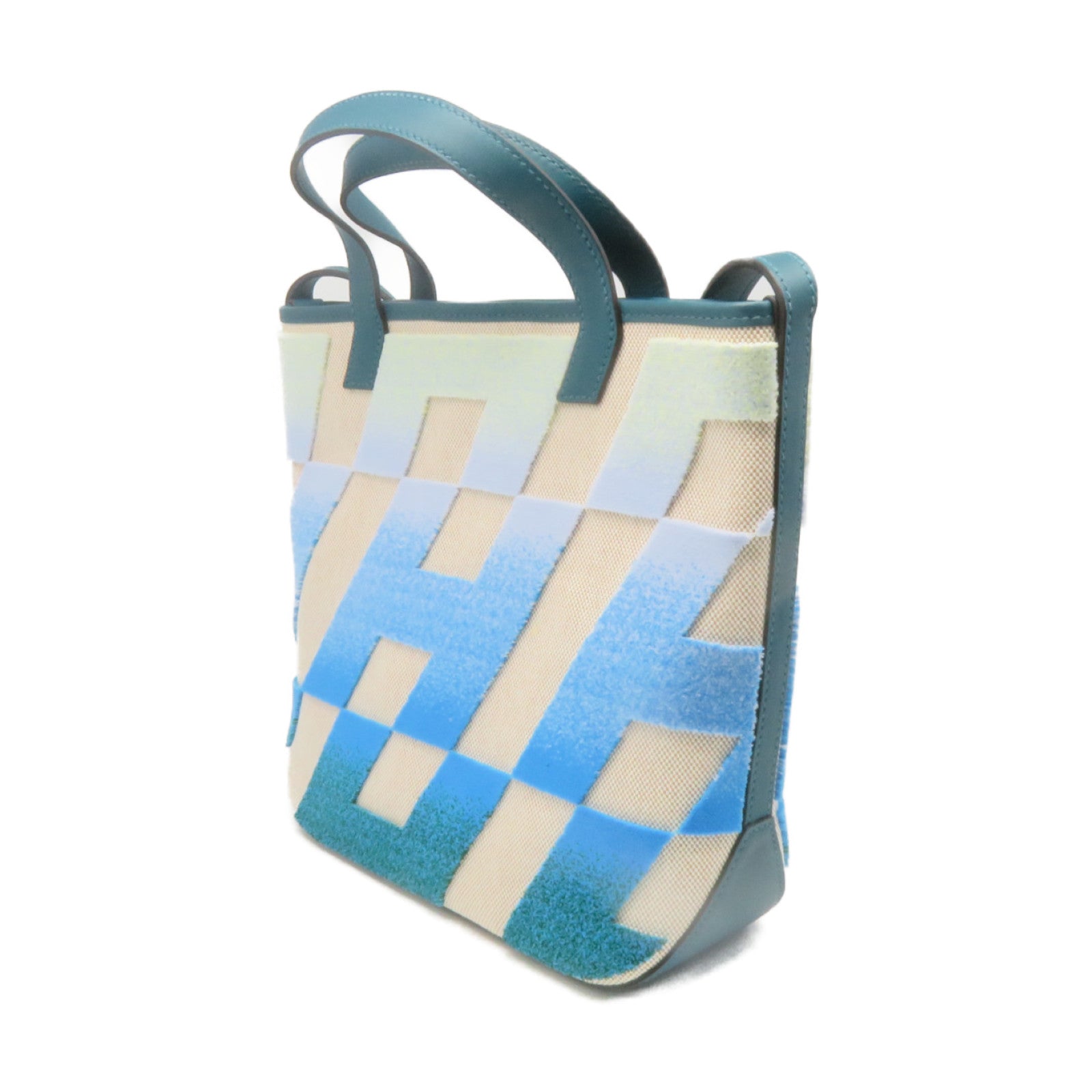 HERMES Swift皮革/Toile H帆布Cabas H En Biais 27 2Way Shoulder Bag手挽肩背兩用袋藍色/Ecru杏色