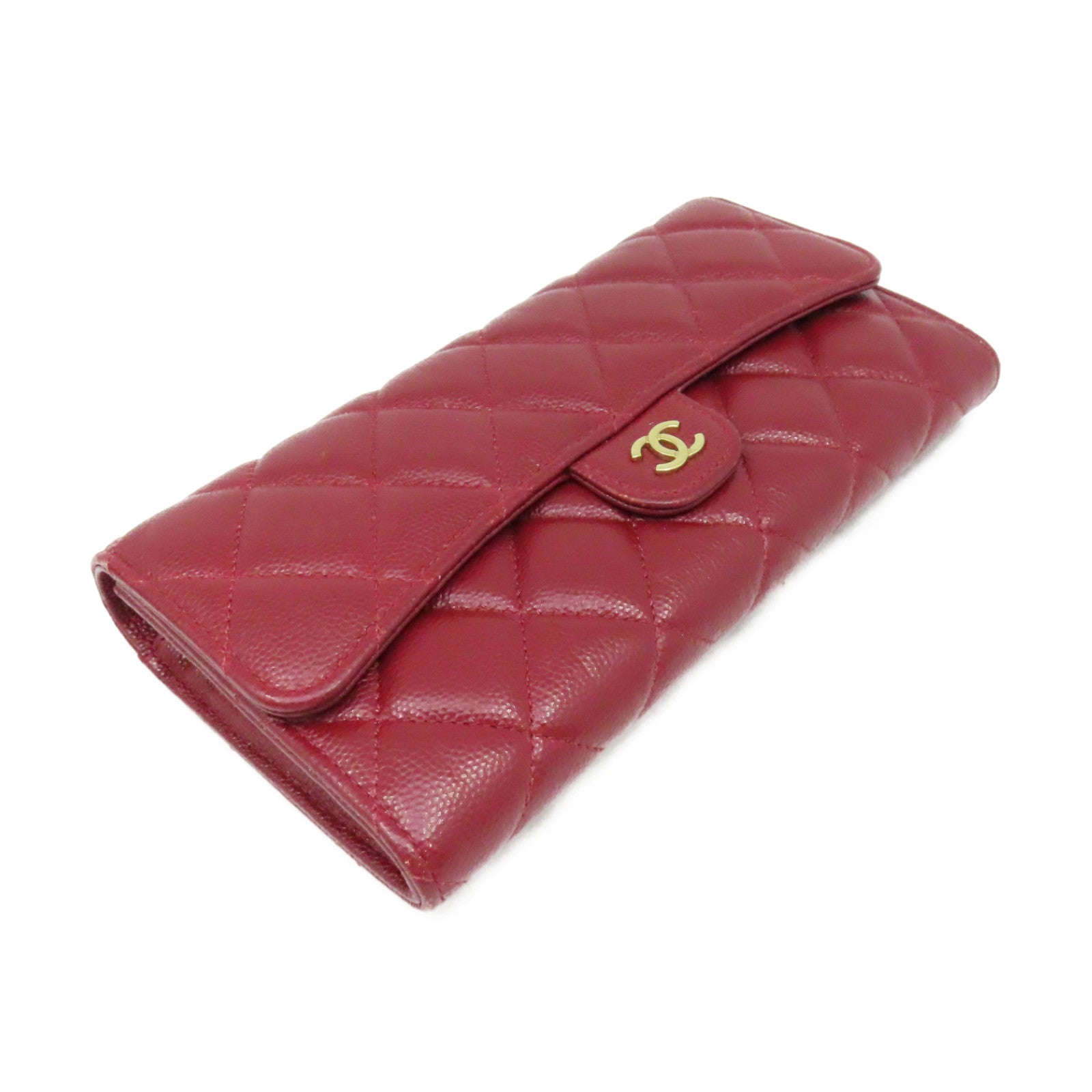 CHANEL 【激減優惠】菱格Caviar皮革Fold Wallet金扣長錢包酒紅色