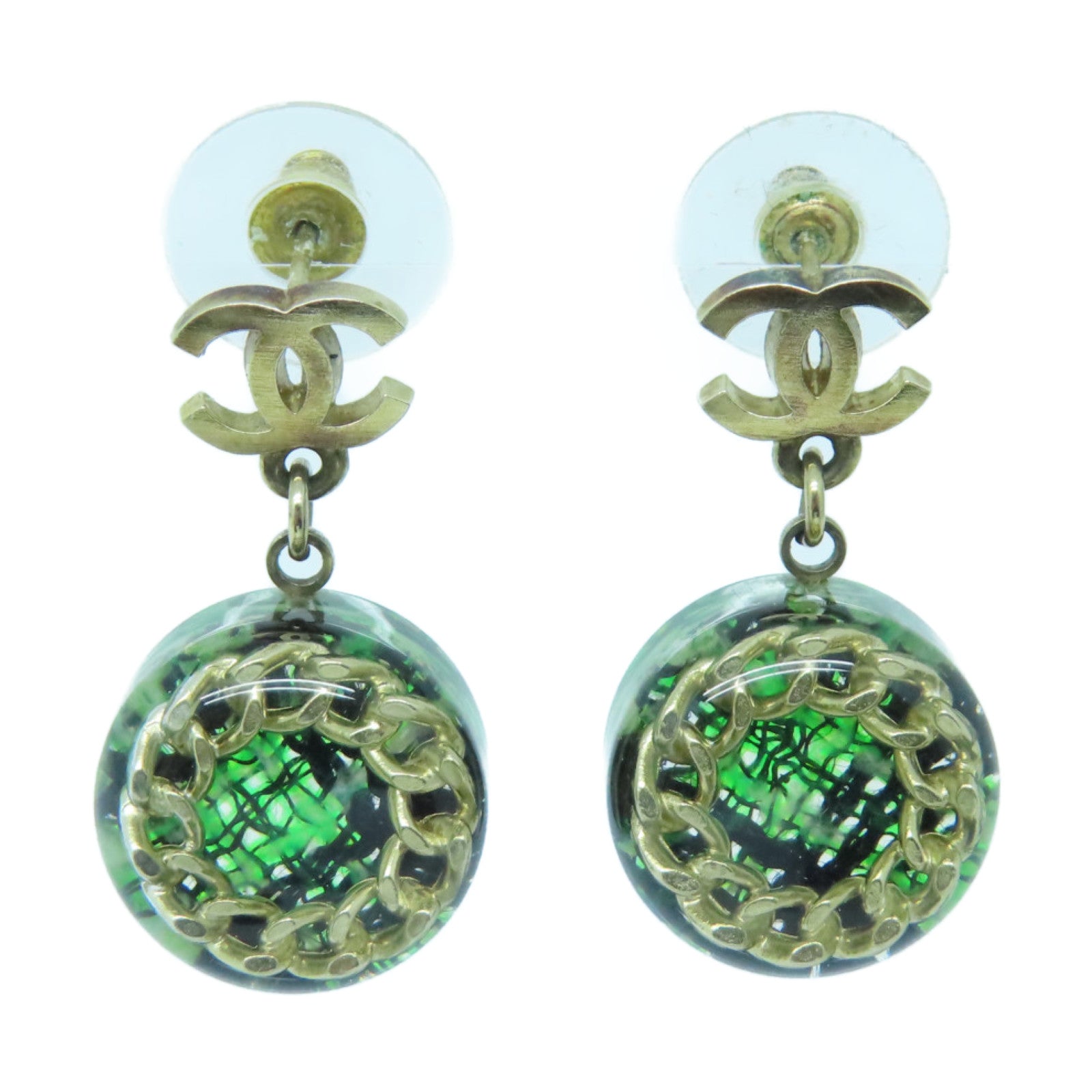 CHANEL PVC Earrings Green/Gold