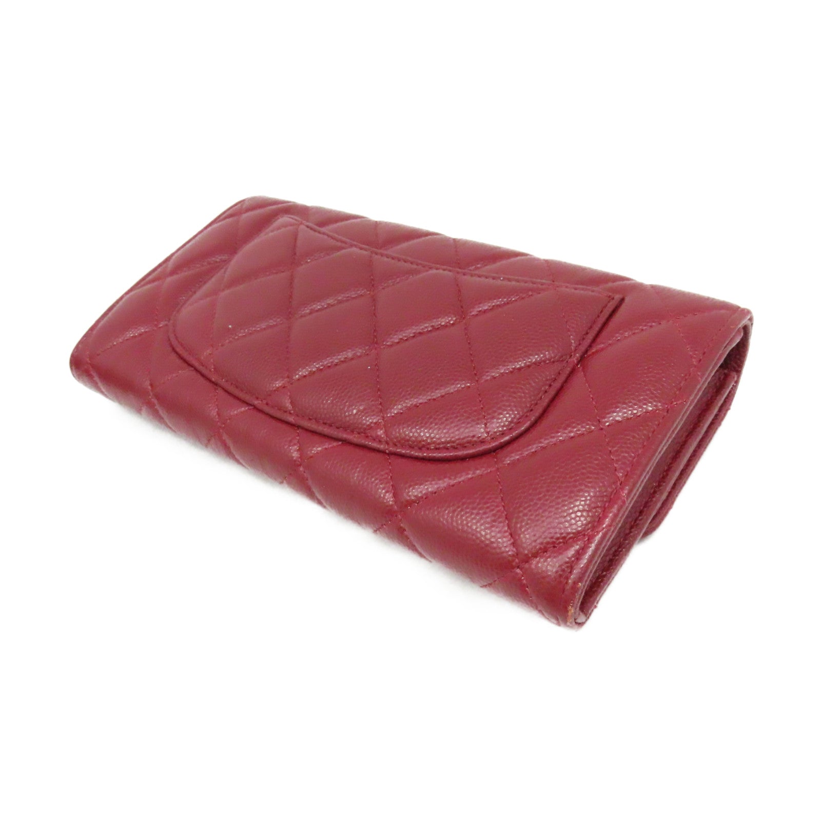 CHANEL 【激減優惠】菱格Caviar皮革Fold Wallet金扣長錢包酒紅色