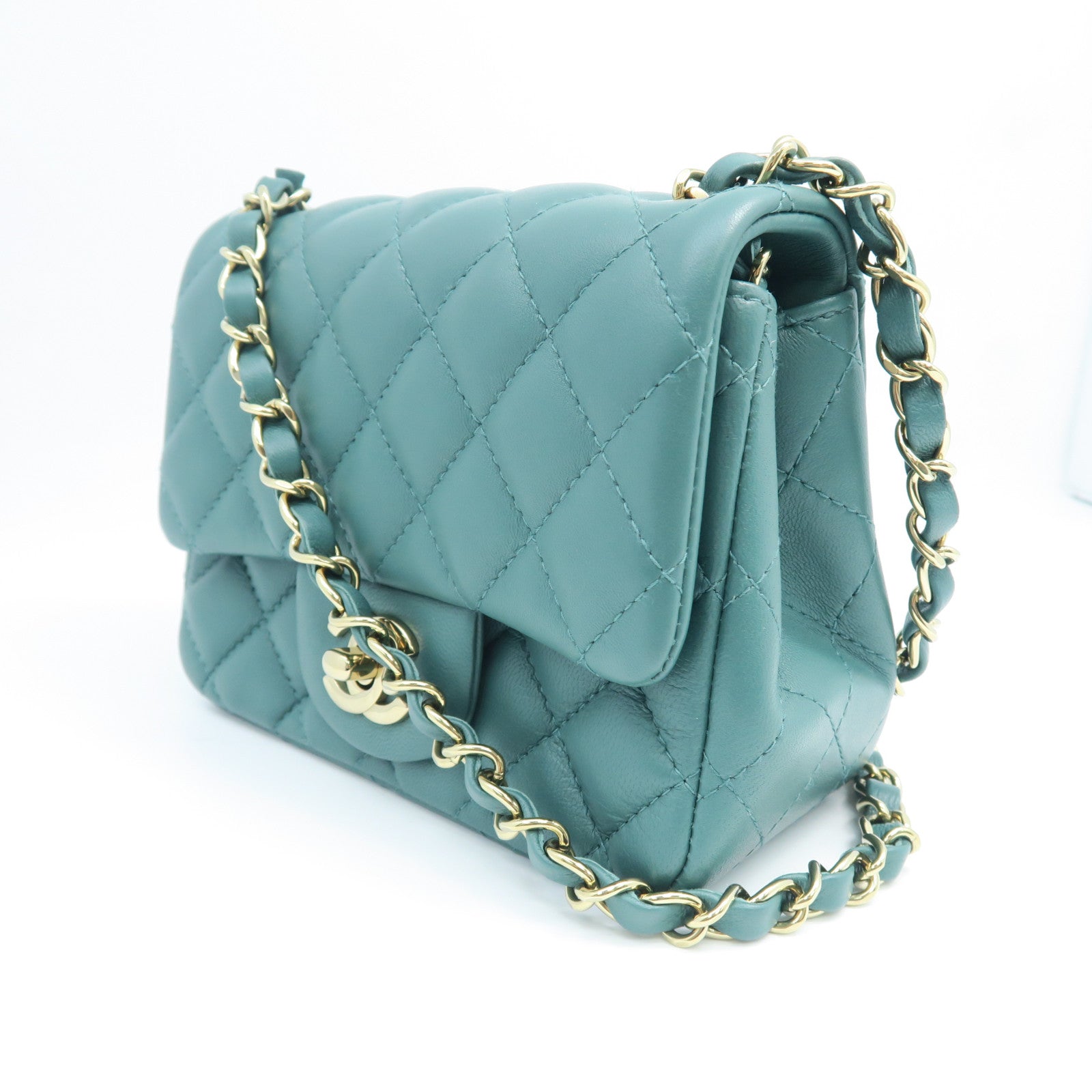 CHANEL rhombic cowhide leather Mini 17cm gold buckle chain shoulder bag green