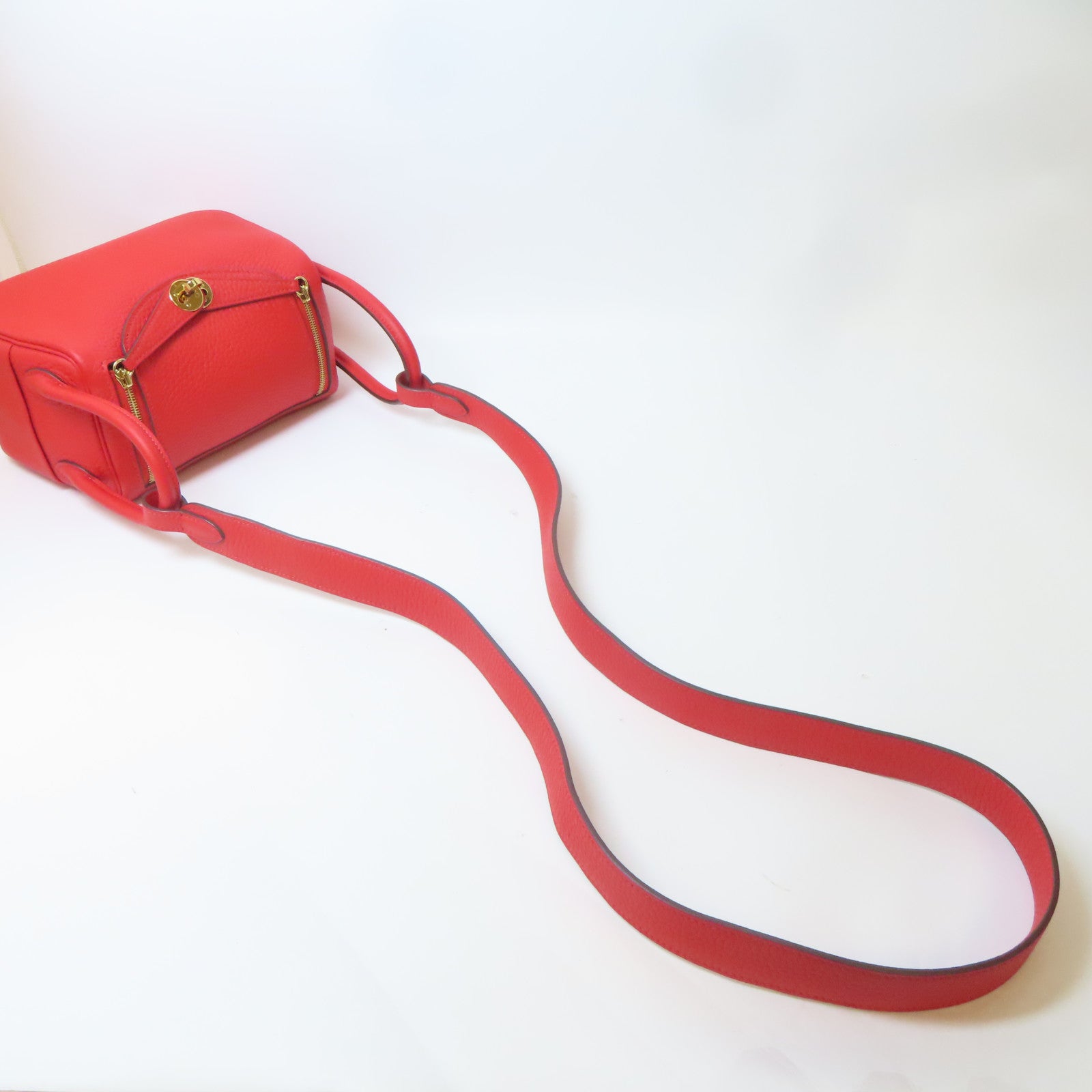 HERMES Clemence皮革Mini Lindy金扣手挽肩背兩用袋番茄紅色