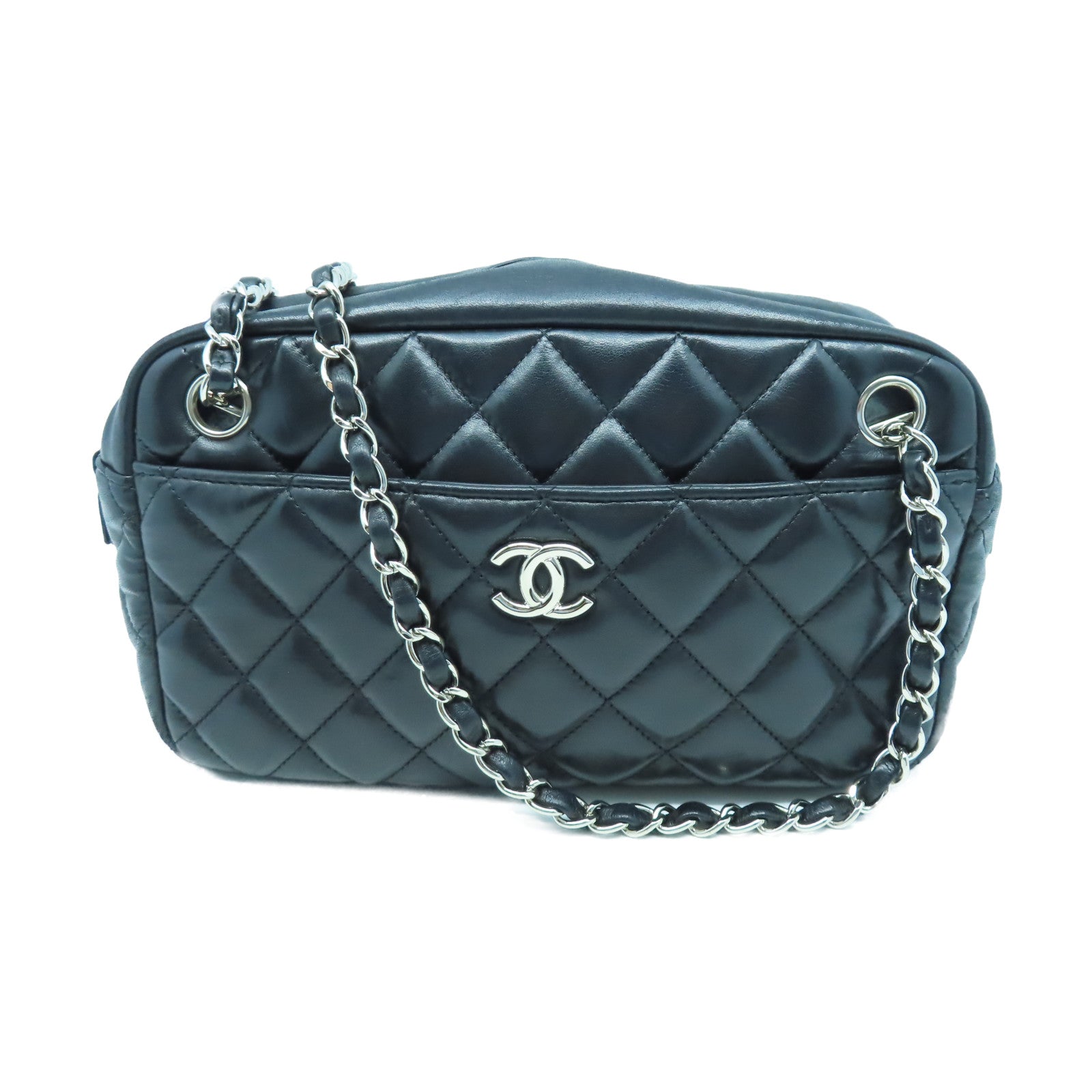 CHANEL 菱格羊皮皮革Chain Shoulder銀扣鏈帶肩背袋黑色