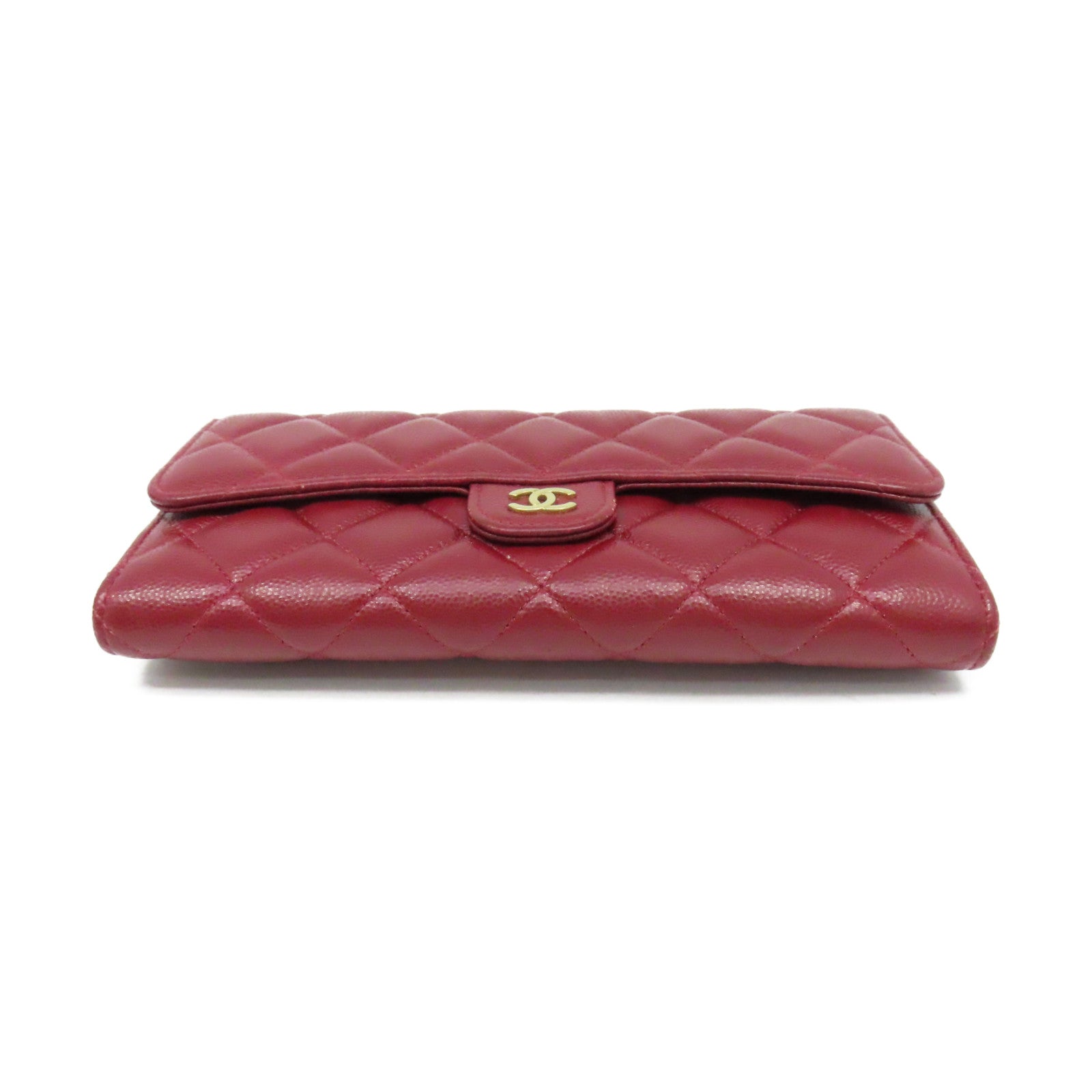 CHANEL 【激減優惠】菱格Caviar皮革Fold Wallet金扣長錢包酒紅色