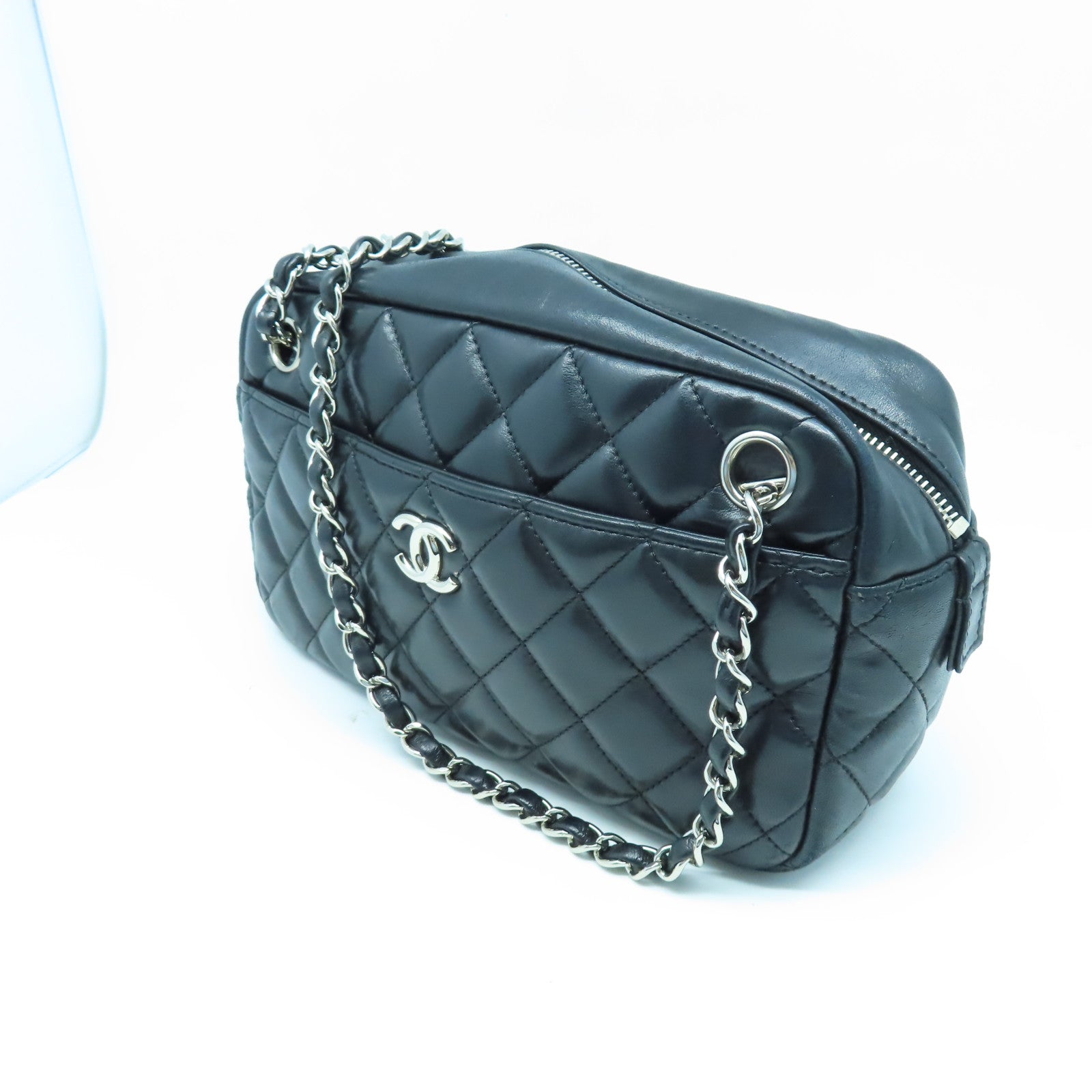 CHANEL 菱格羊皮皮革Chain Shoulder銀扣鏈帶肩背袋黑色