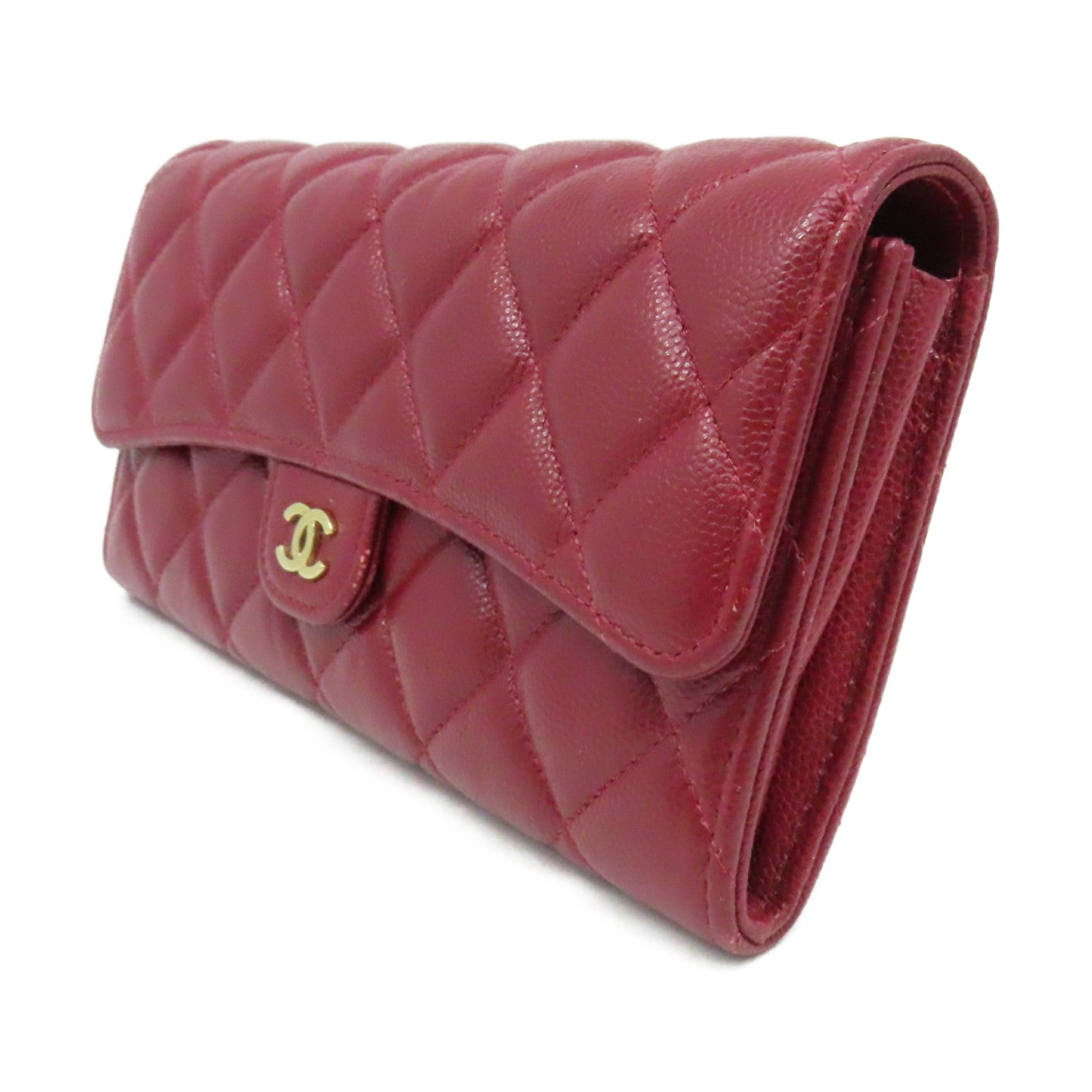 CHANEL 【激減優惠】菱格Caviar皮革Fold Wallet金扣長錢包酒紅色