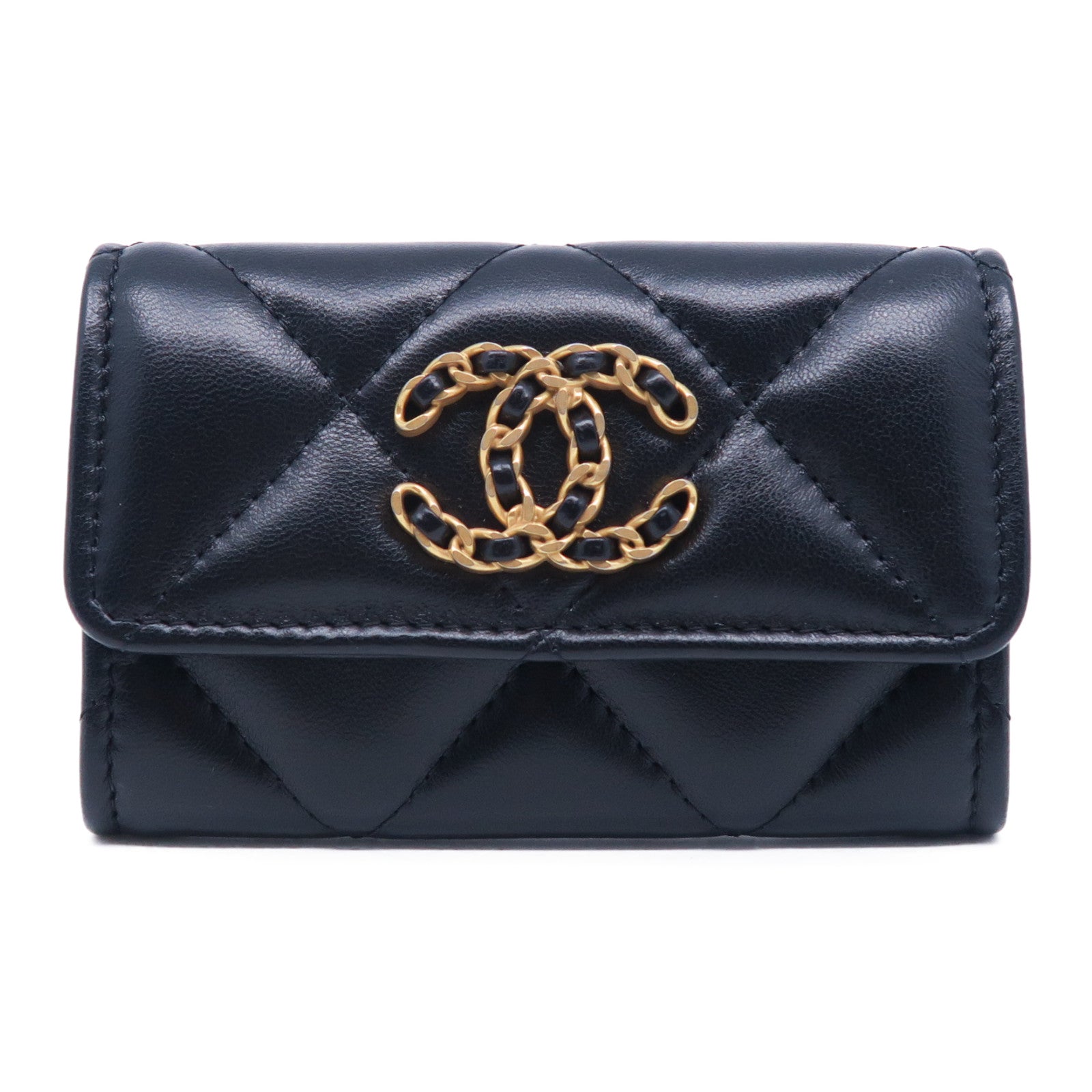 CHANEL 菱格羊皮皮革Chanel 19金扣卡片套黑色