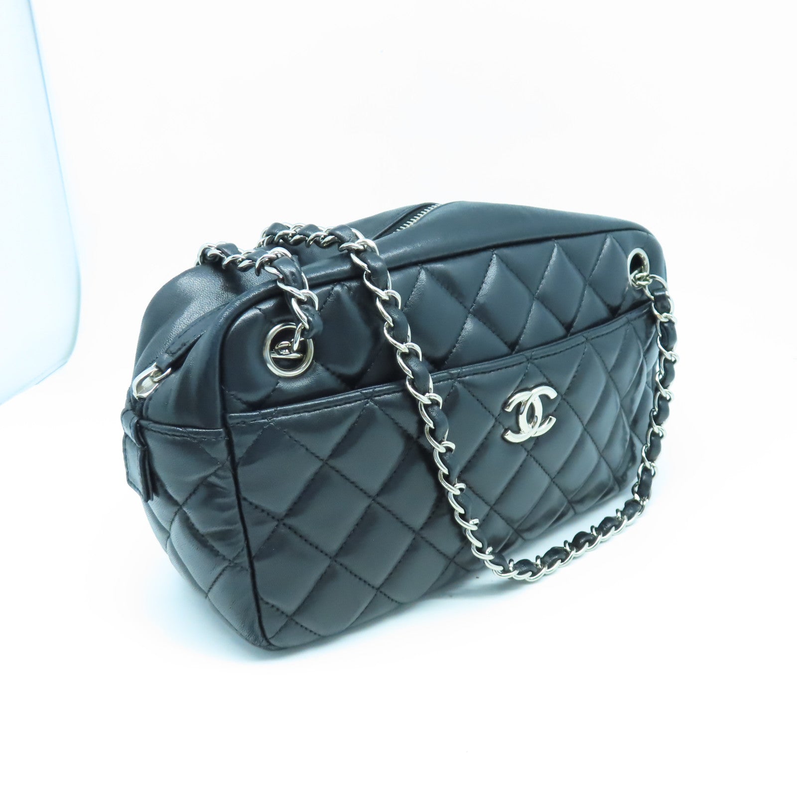 CHANEL 菱格羊皮皮革Chain Shoulder銀扣鏈帶肩背袋黑色