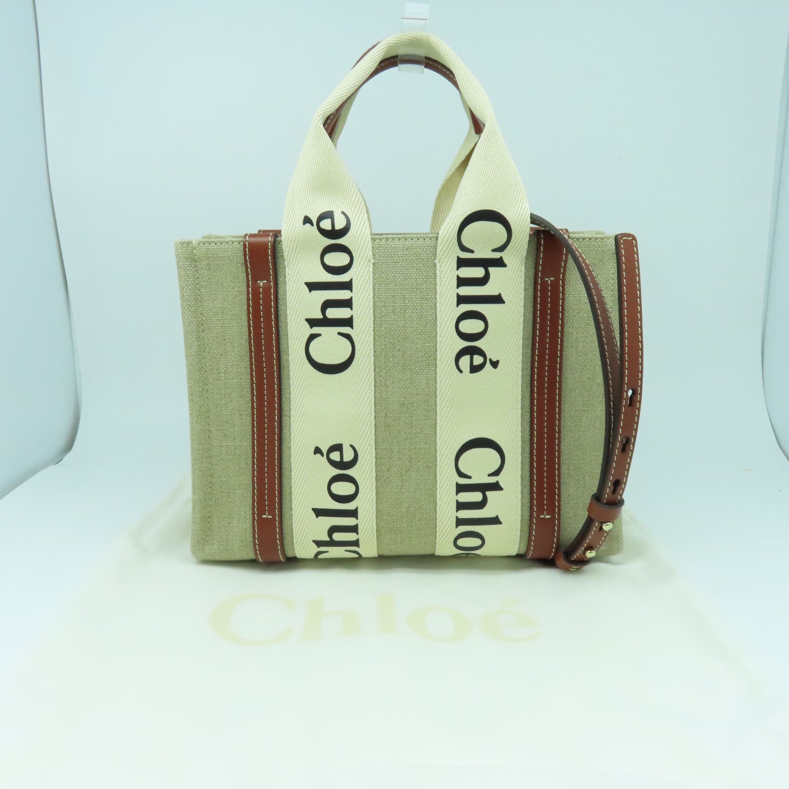 Chloe 帆布/皮革Small Woody Tote bag金扣手挽肩背兩用袋米色/啡色