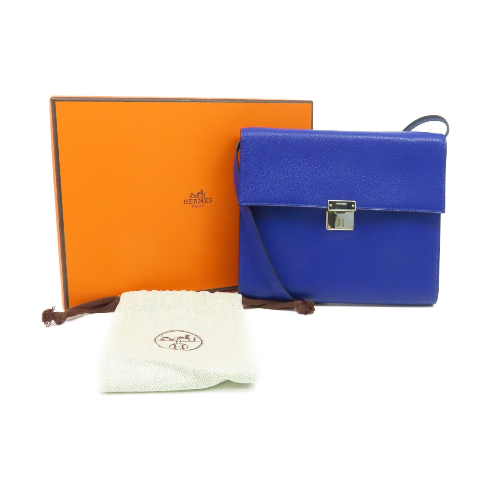 HERMES Chevre皮革Clic 16 Shoulder Bag銀扣肩背袋Bleu Electrique電光藍色