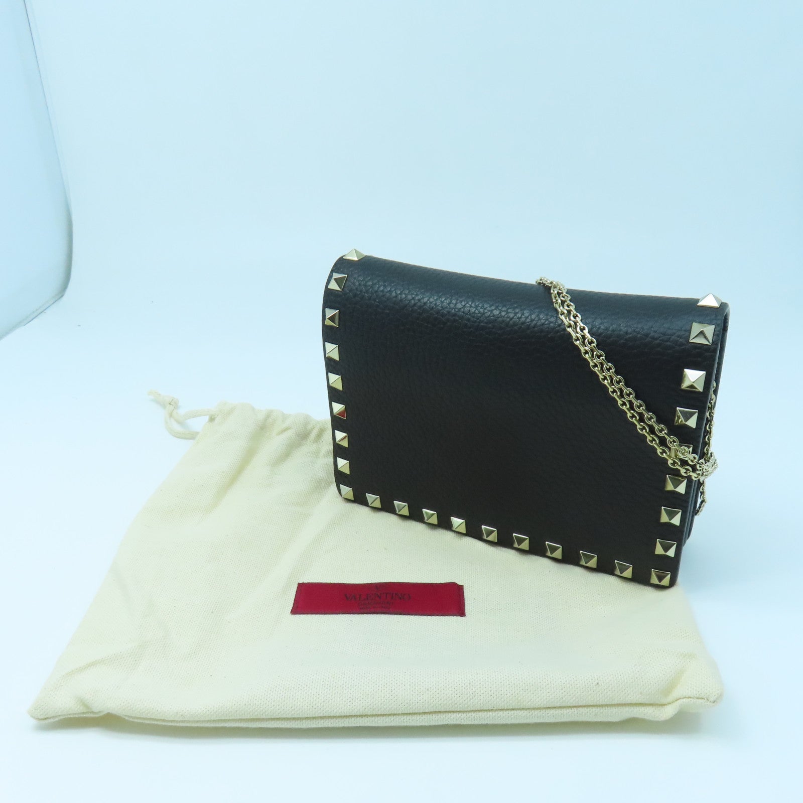Valentino Leather Chain Shoulder Gold Buckle Chain Shoulder Bag Black