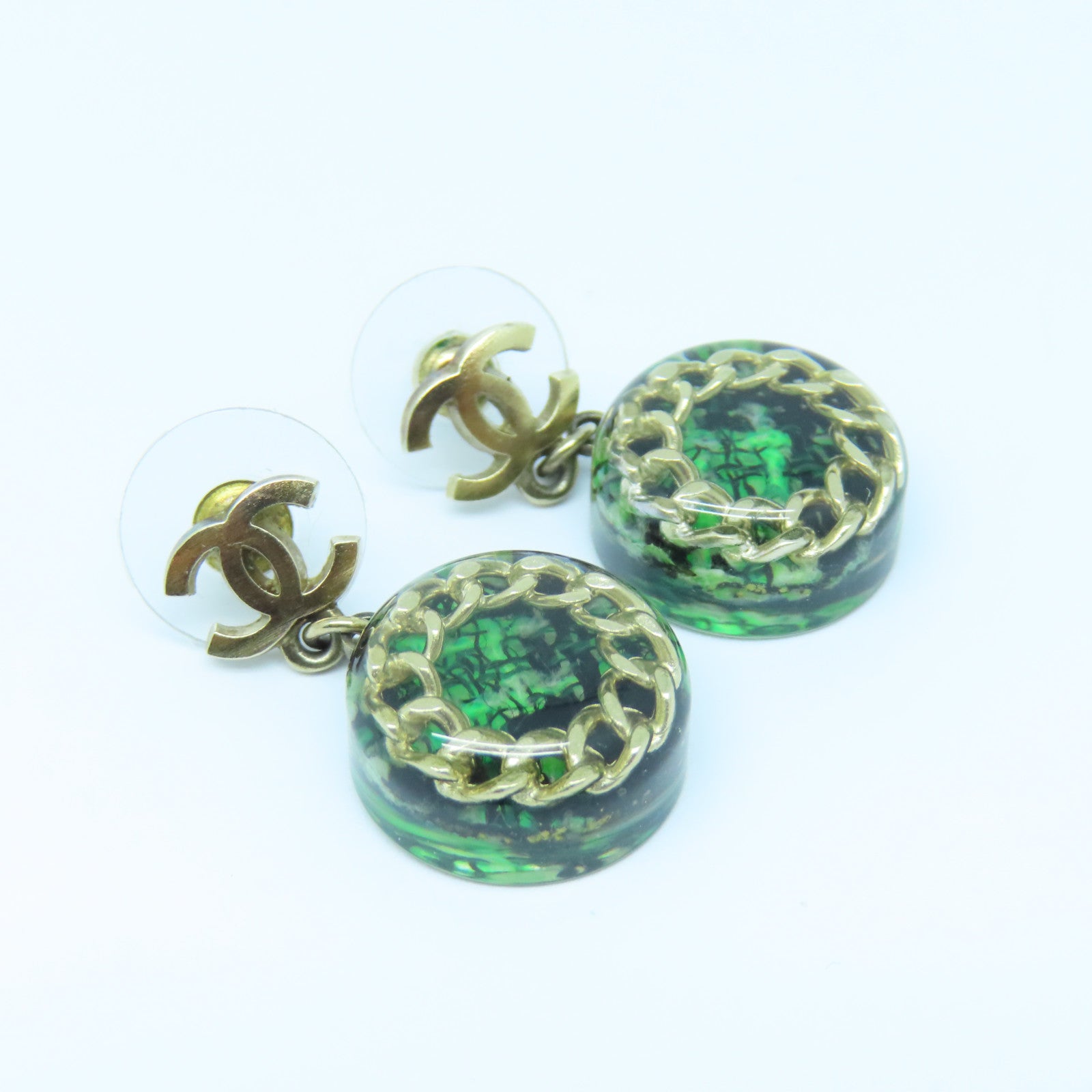 CHANEL PVC Earrings Green/Gold